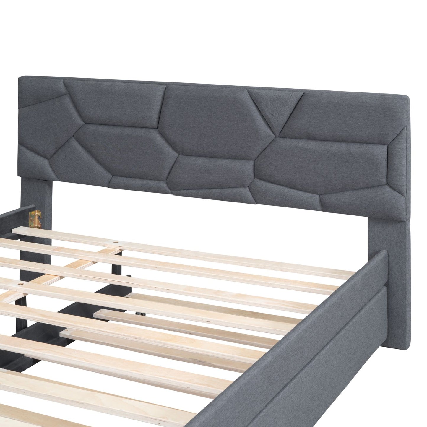 Melysen Queen Size Upholstered Platform Bed with Brick Pattern Headboard and Twin XL Size Trundle, Linen Fabric, Gray