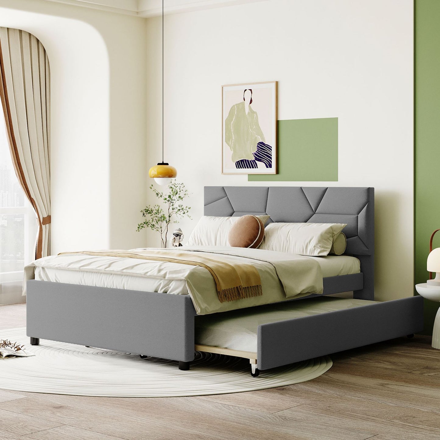 Melysen Full Size Upholstered Platform Bed with Brick Pattern Headboard and Twin Size Trundle, Linen Fabric, Gray