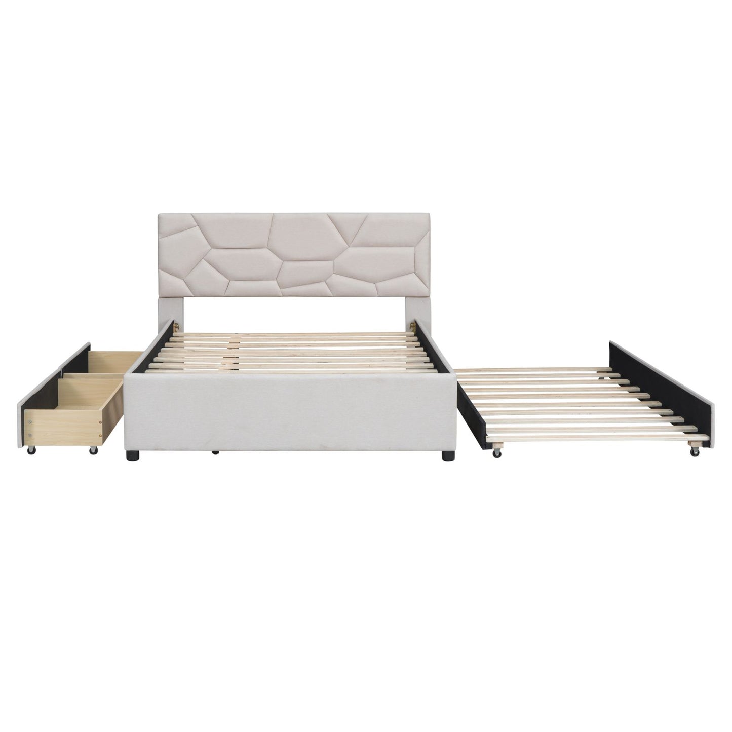 Melysen Full Size Upholstered Platform Bed with Brick Pattern Headboard, with Twin Size Trundle and 2 Drawers, Linen Fabric, Beige