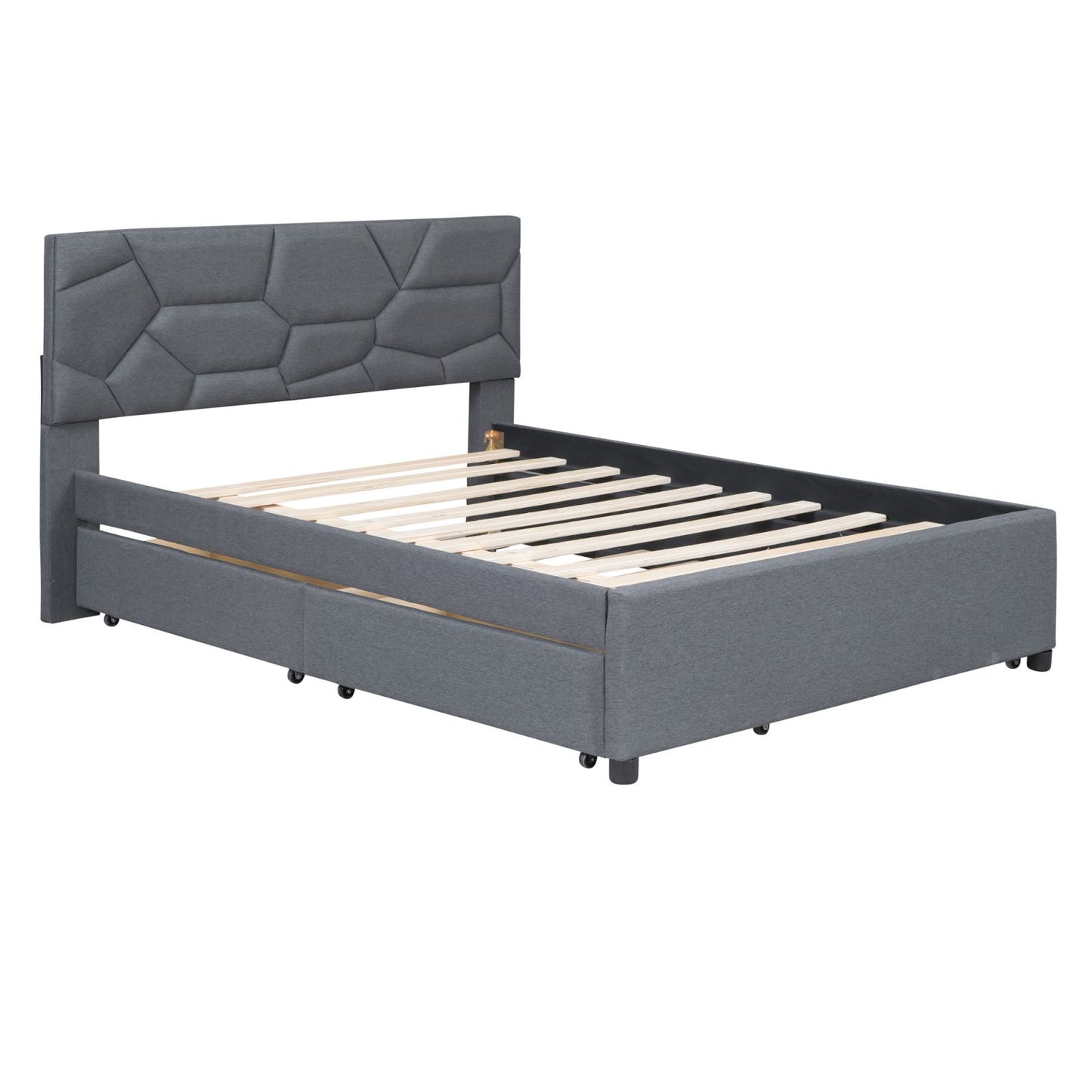 Melysen Full Size Upholstered Platform Bed with Brick Pattern Headboard, with Twin Size Trundle and 2 Drawers, Linen Fabric, Gray