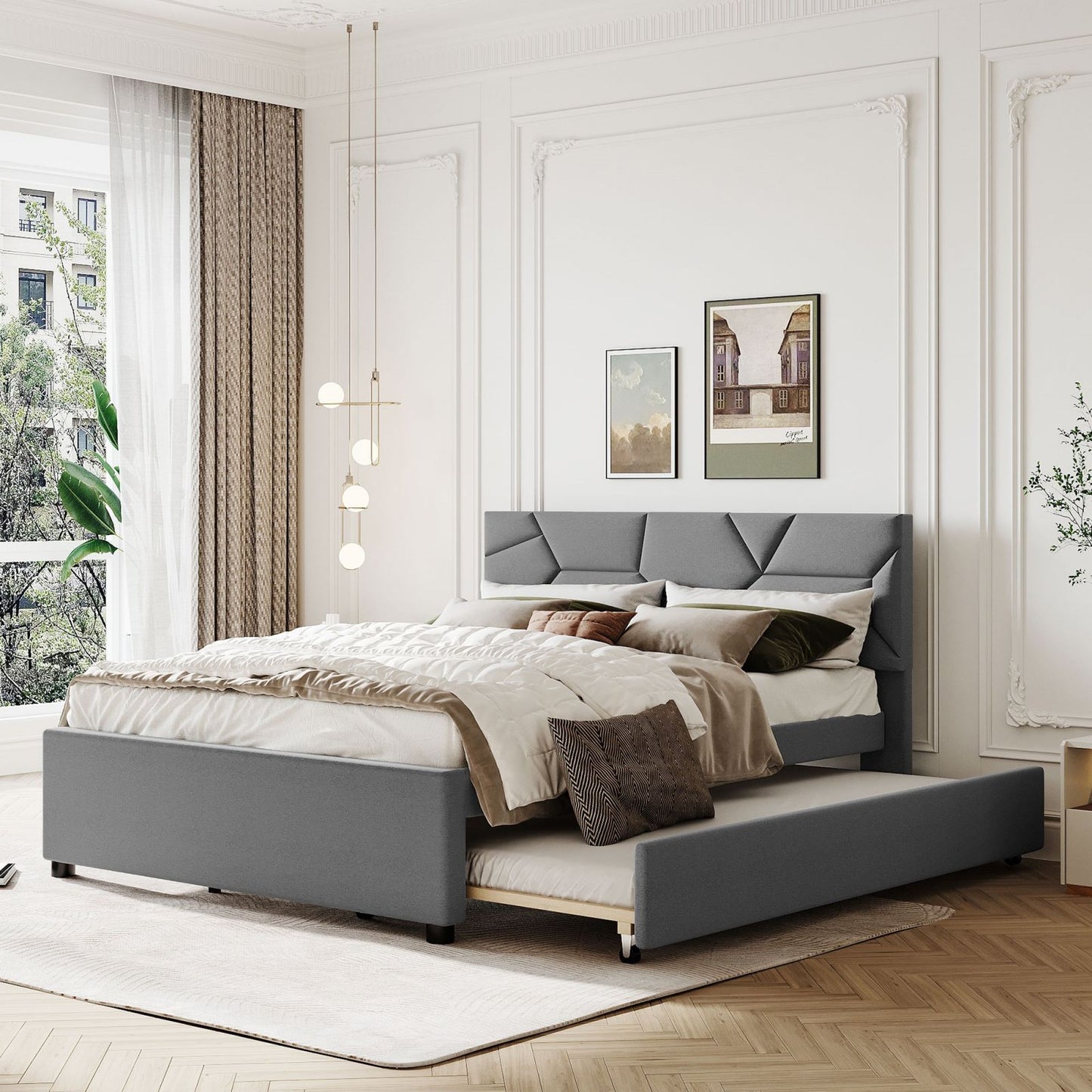 Melysen Queen Size Upholstered Platform Bed with Brick Pattern Headboard and Twin XL Size Trundle, Linen Fabric, Gray