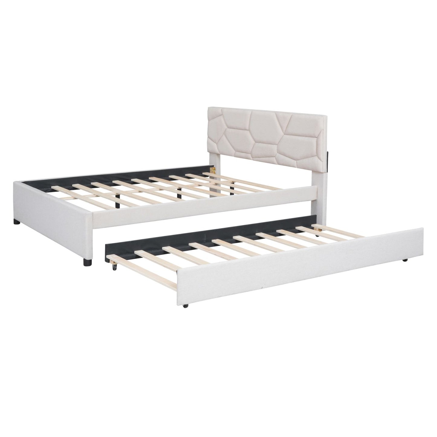 Melysen Queen Size Upholstered Platform Bed with Brick Pattern Headboard and Twin XL Size Trundle, Linen Fabric, Beige