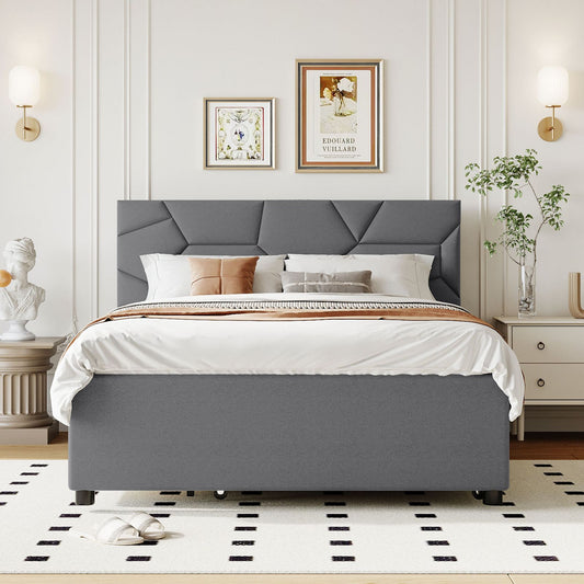 Melysen Full Size Upholstered Platform Bed with Brick Pattern Headboard, with Twin Size Trundle and 2 Drawers, Linen Fabric, Gray