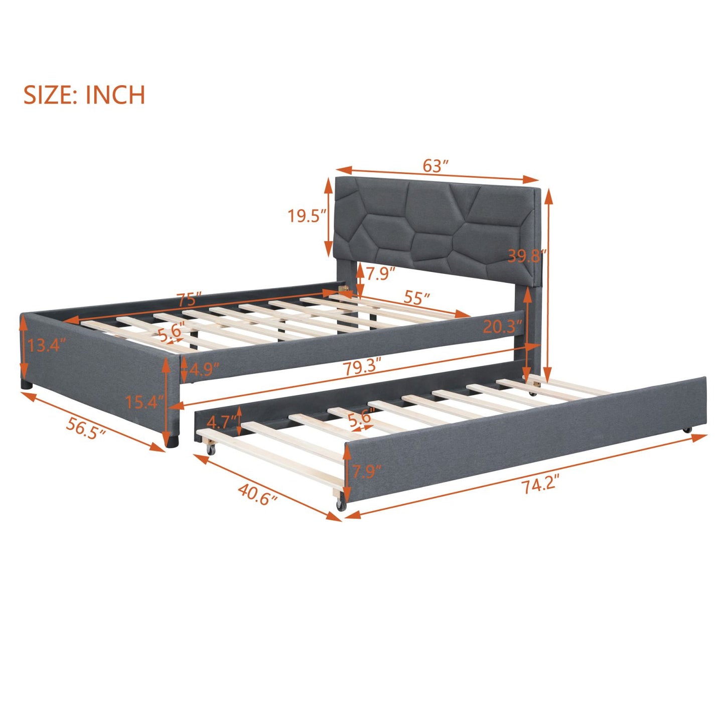 Melysen Full Size Upholstered Platform Bed with Brick Pattern Headboard and Twin Size Trundle, Linen Fabric, Gray