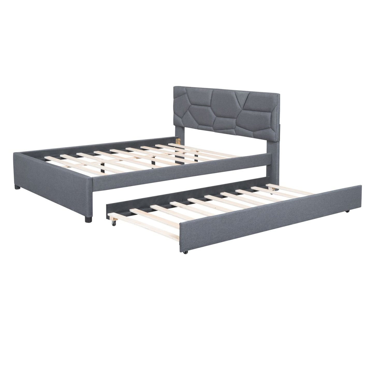 Melysen Queen Size Upholstered Platform Bed with Brick Pattern Headboard and Twin XL Size Trundle, Linen Fabric, Gray