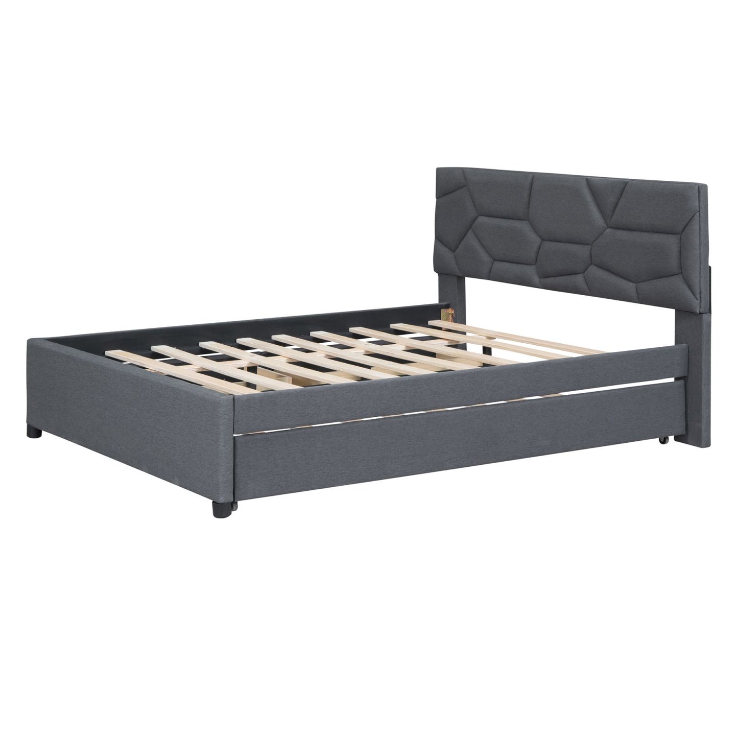 Melysen Full Size Upholstered Platform Bed with Brick Pattern Headboard, with Twin Size Trundle and 2 Drawers, Linen Fabric, Gray