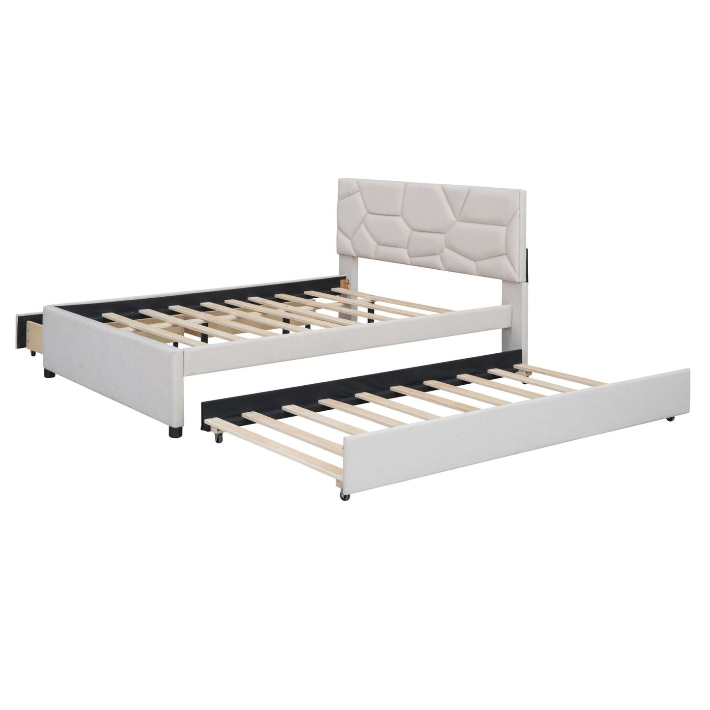 Melysen Full Size Upholstered Platform Bed with Brick Pattern Headboard, with Twin Size Trundle and 2 Drawers, Linen Fabric, Beige