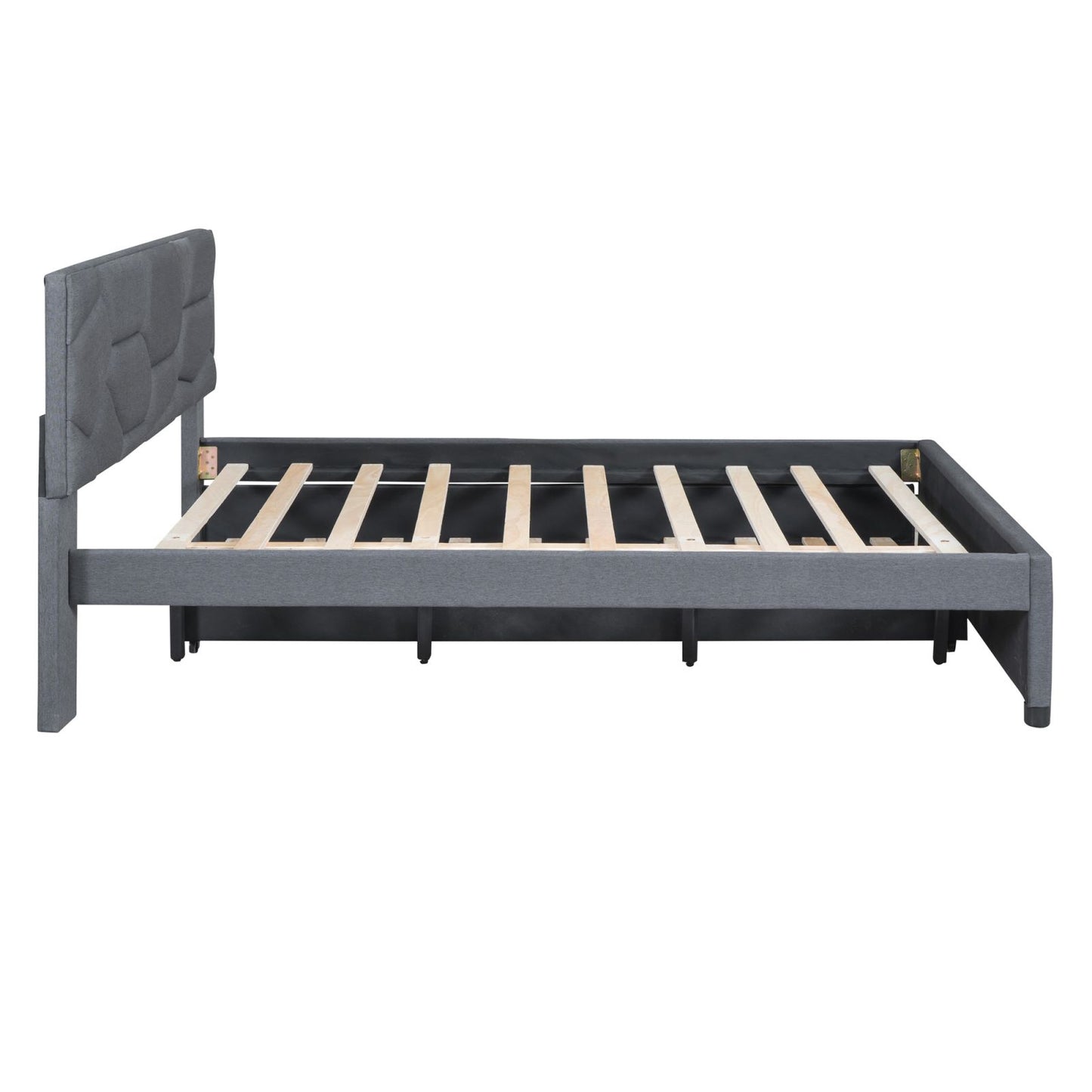 Melysen Queen Size Upholstered Platform Bed with Brick Pattern Headboard and Twin XL Size Trundle, Linen Fabric, Gray