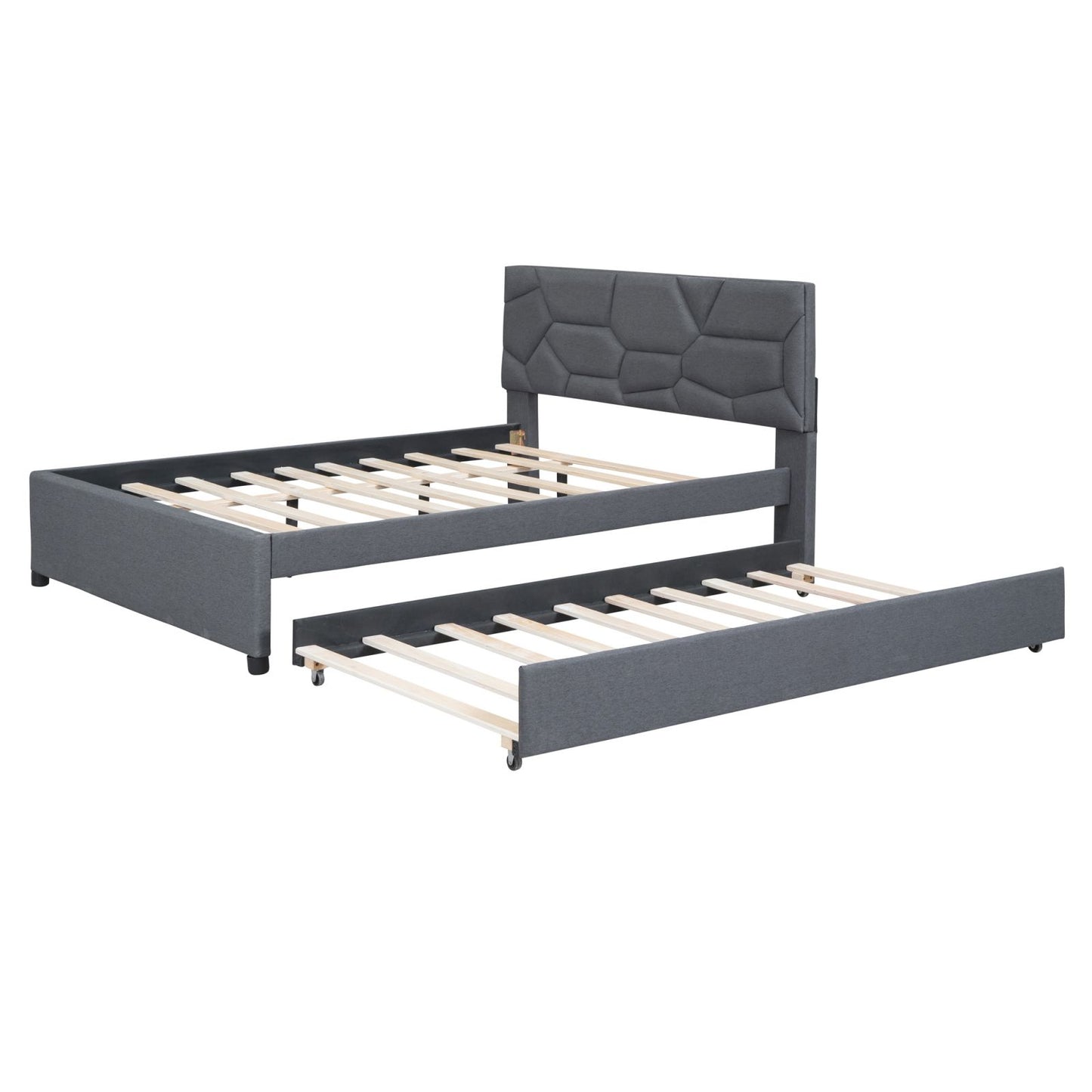 Melysen Full Size Upholstered Platform Bed with Brick Pattern Headboard and Twin Size Trundle, Linen Fabric, Gray