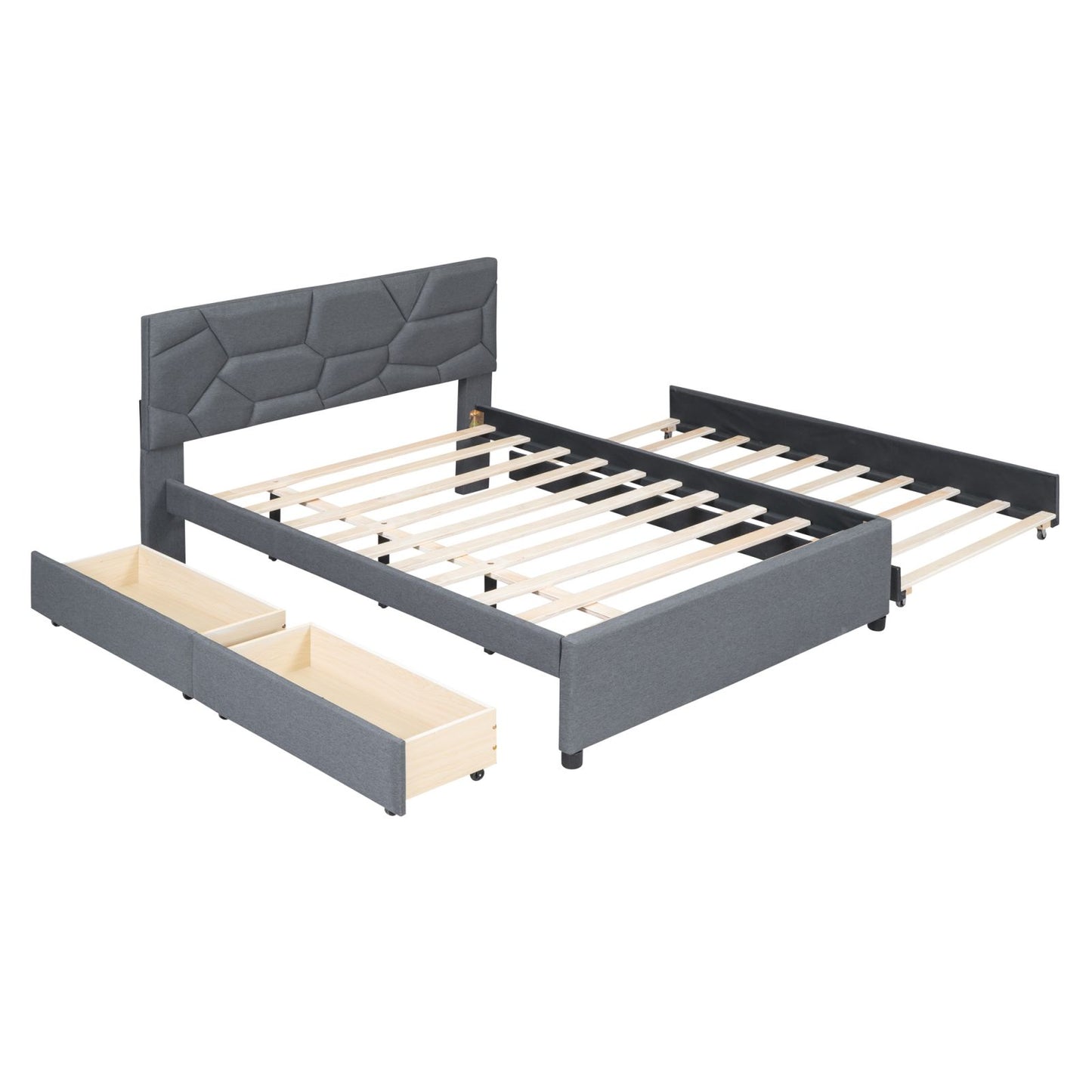 Melysen Full Size Upholstered Platform Bed with Brick Pattern Headboard, with Twin Size Trundle and 2 Drawers, Linen Fabric, Gray