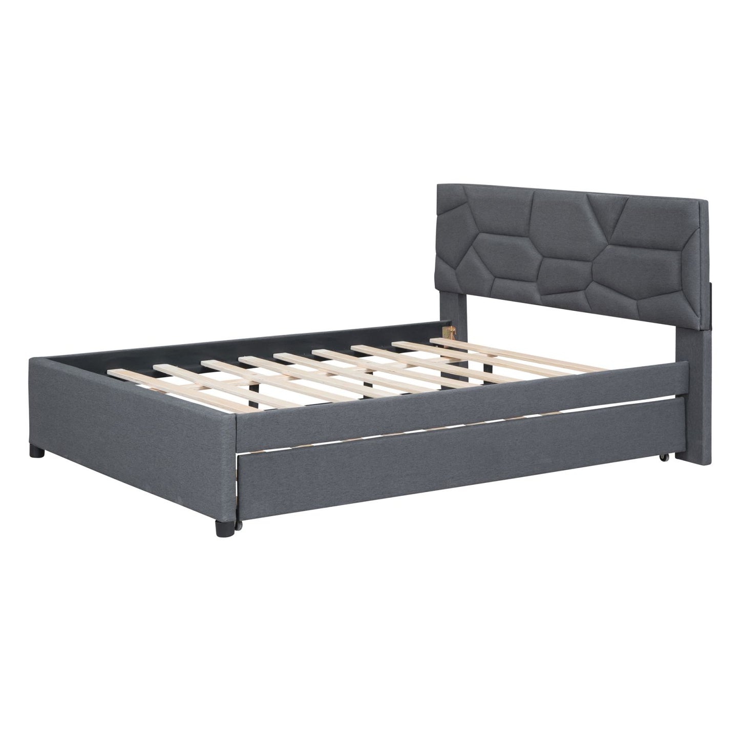 Melysen Full Size Upholstered Platform Bed with Brick Pattern Headboard and Twin Size Trundle, Linen Fabric, Gray