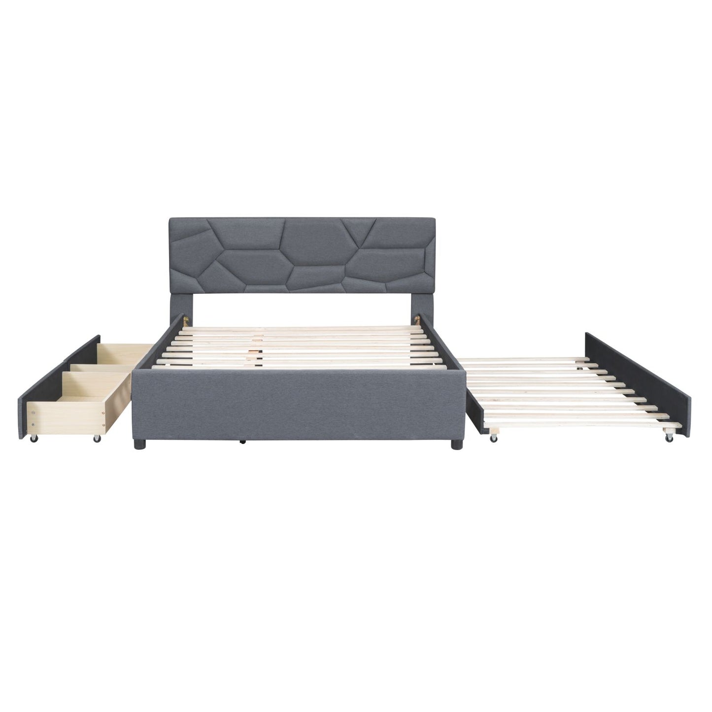 Melysen Queen Size Upholstered Platform Bed with Brick Pattern Headboard, with Twin XL Size Trundle and 2 drawers, Linen Fabric, Gray