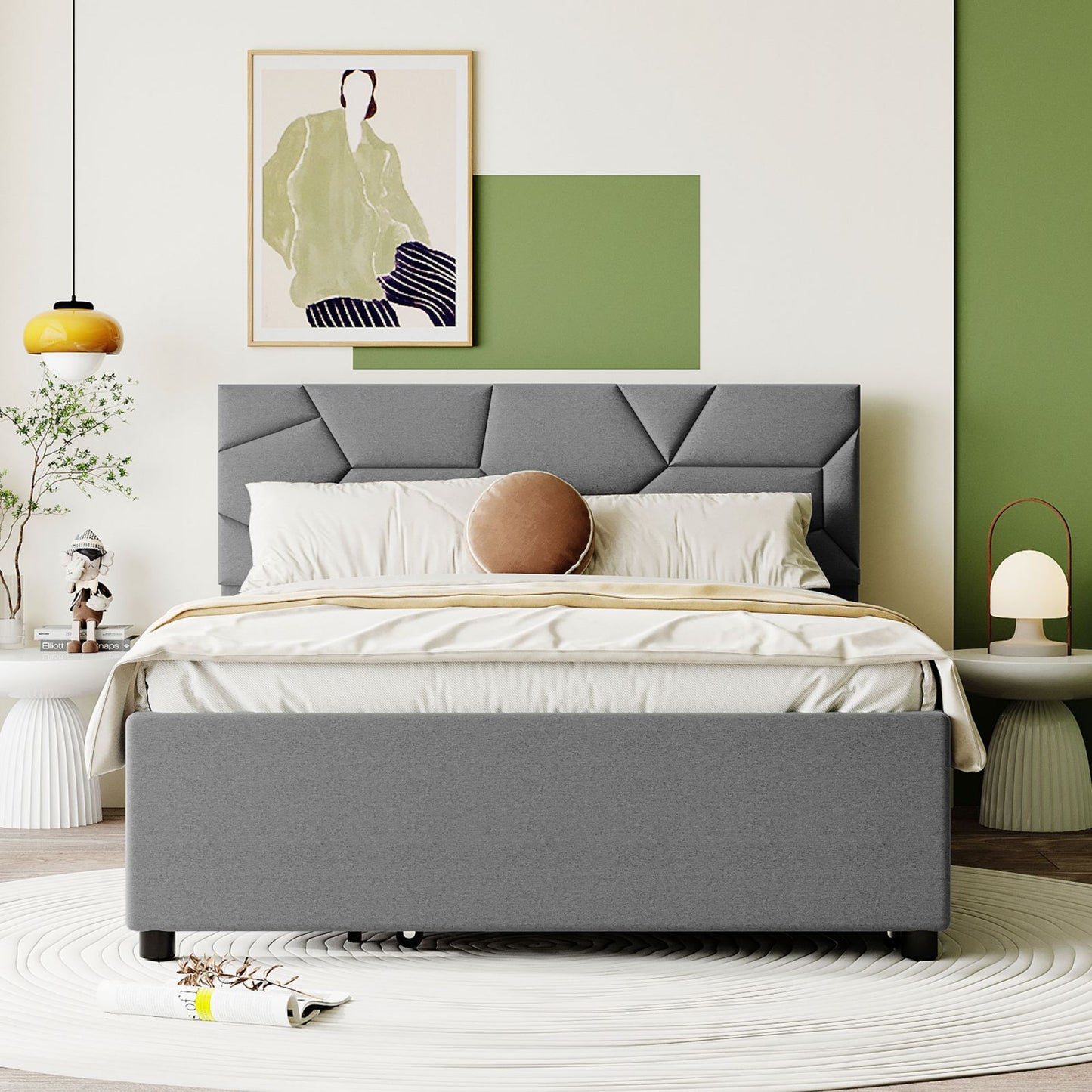 Melysen Full Size Upholstered Platform Bed with Brick Pattern Headboard and Twin Size Trundle, Linen Fabric, Gray