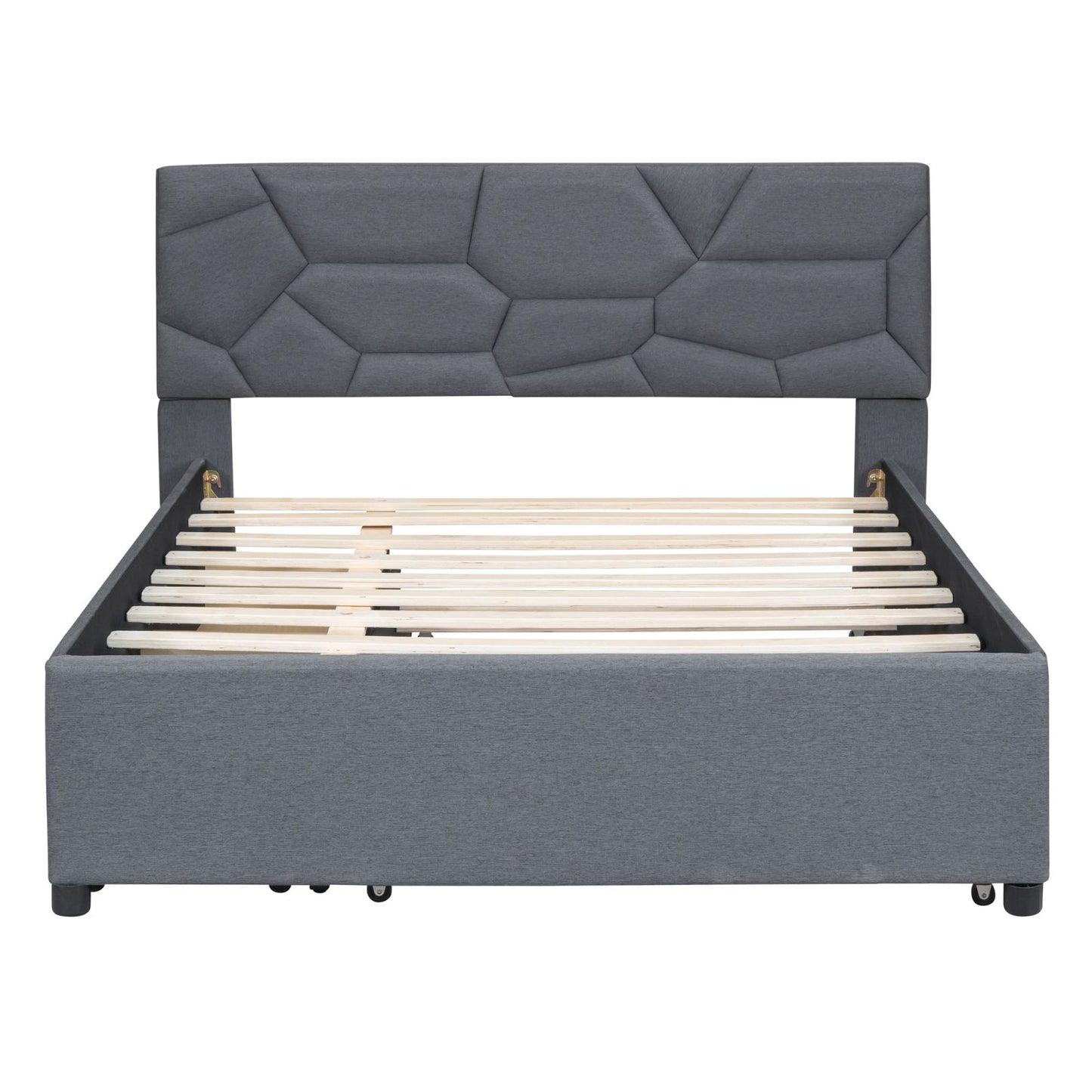 Melysen Full Size Upholstered Platform Bed with Brick Pattern Headboard, with Twin Size Trundle and 2 Drawers, Linen Fabric, Gray