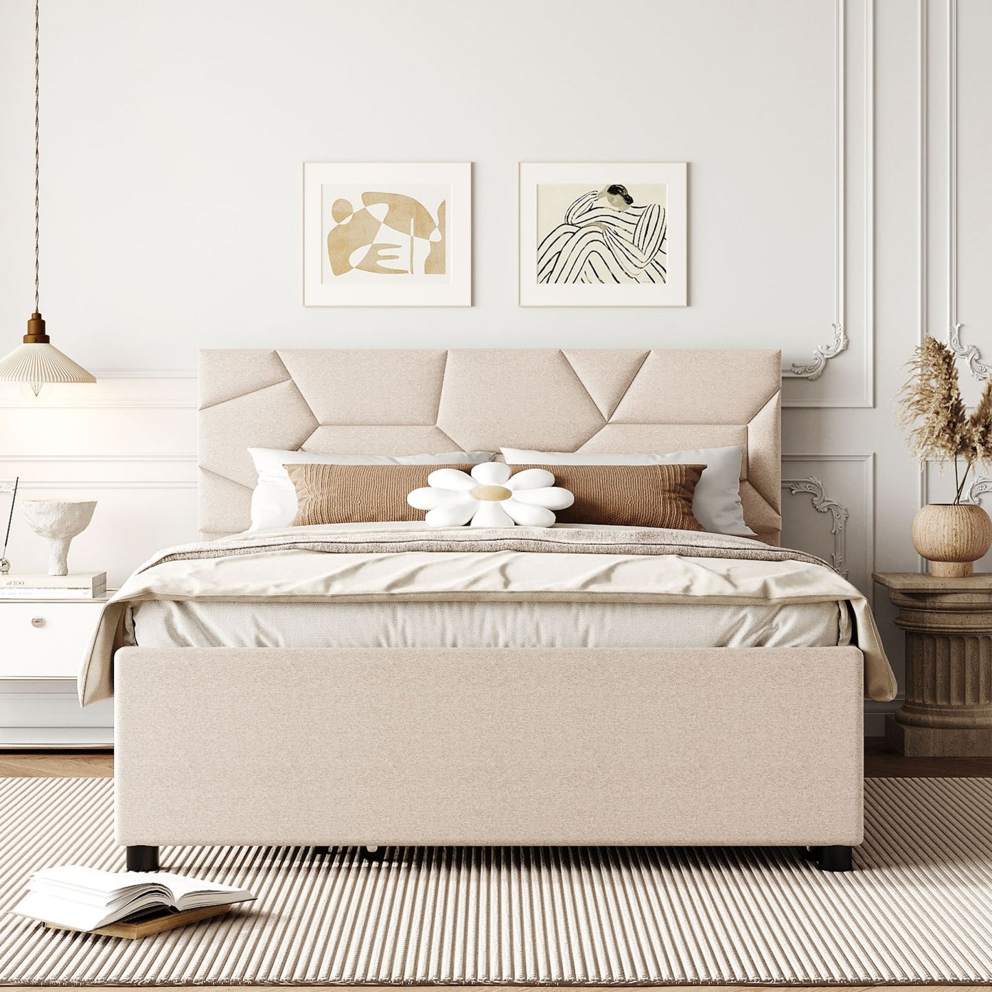 Melysen Full Size Upholstered Platform Bed with Brick Pattern Headboard and Twin Size Trundle, Linen Fabric, Beige