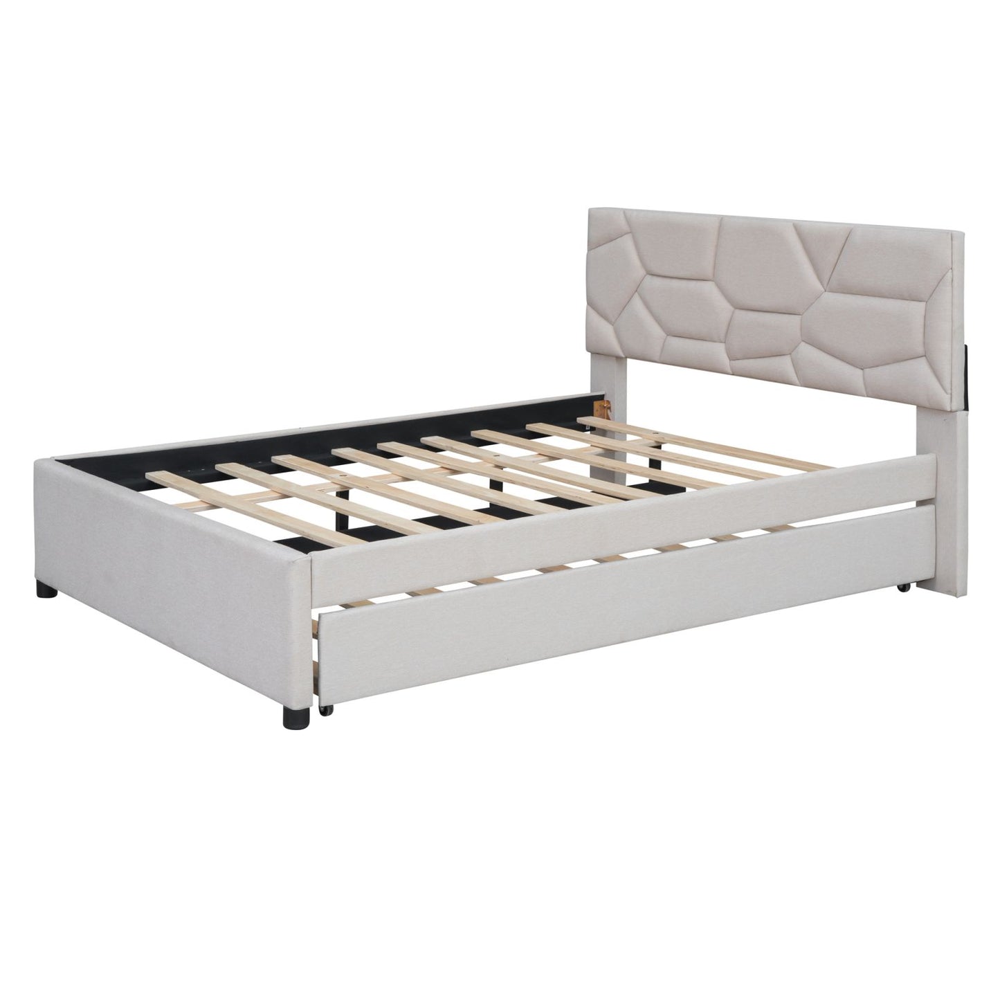 Melysen Full Size Upholstered Platform Bed with Brick Pattern Headboard and Twin Size Trundle, Linen Fabric, Beige