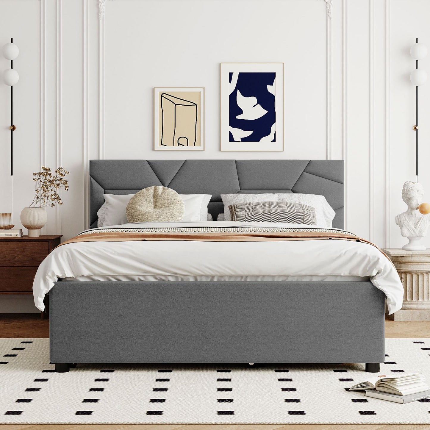 Melysen Queen Size Upholstered Platform Bed with Brick Pattern Headboard, with Twin XL Size Trundle and 2 drawers, Linen Fabric, Gray