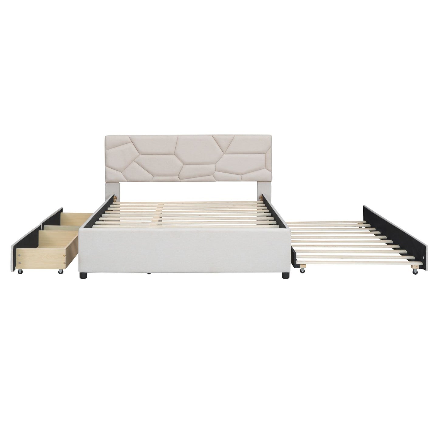 Melysen Queen Size Upholstered Platform Bed with Brick Pattern Headboard, with Twin XL Size Trundle and 2 drawers, Linen Fabric, Beige