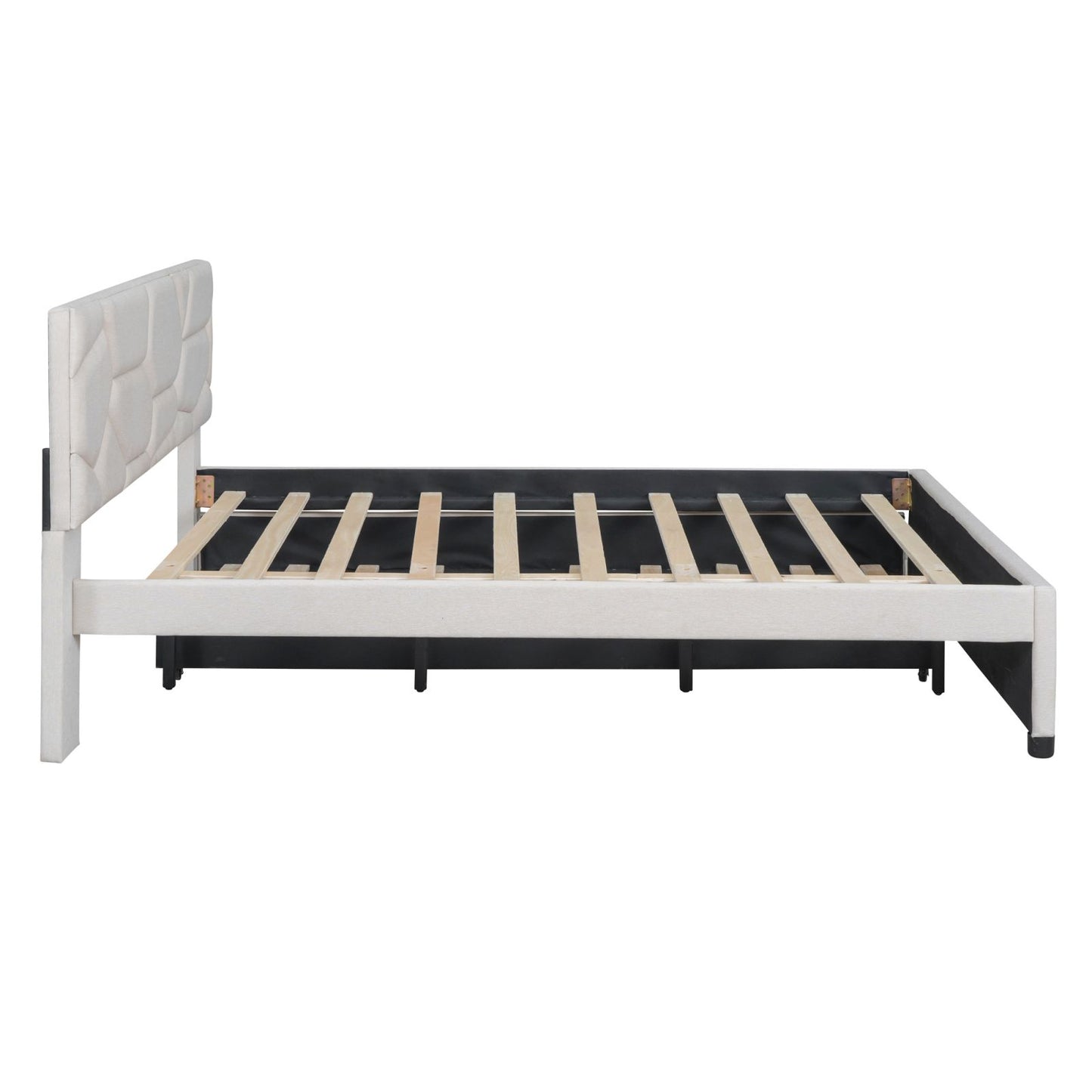 Melysen Queen Size Upholstered Platform Bed with Brick Pattern Headboard and Twin XL Size Trundle, Linen Fabric, Beige