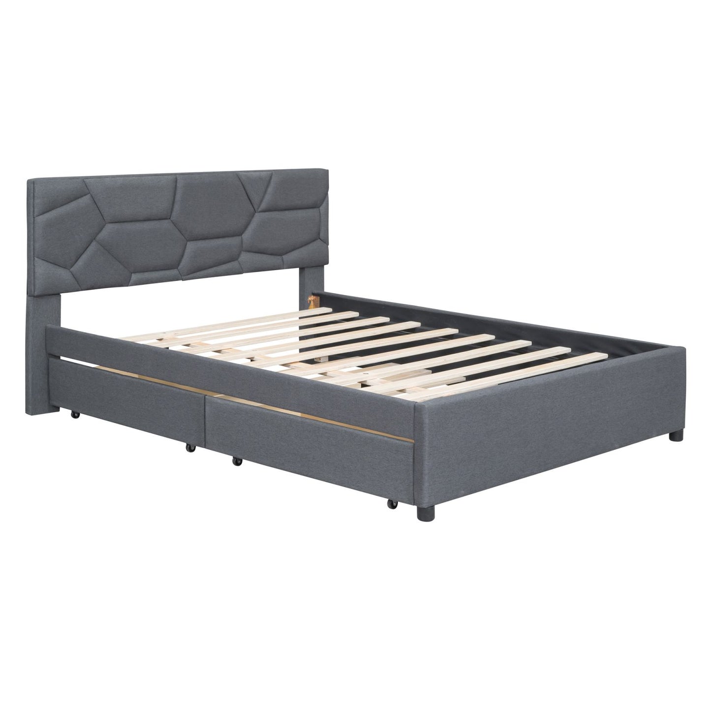 Melysen Queen Size Upholstered Platform Bed with Brick Pattern Headboard, with Twin XL Size Trundle and 2 drawers, Linen Fabric, Gray