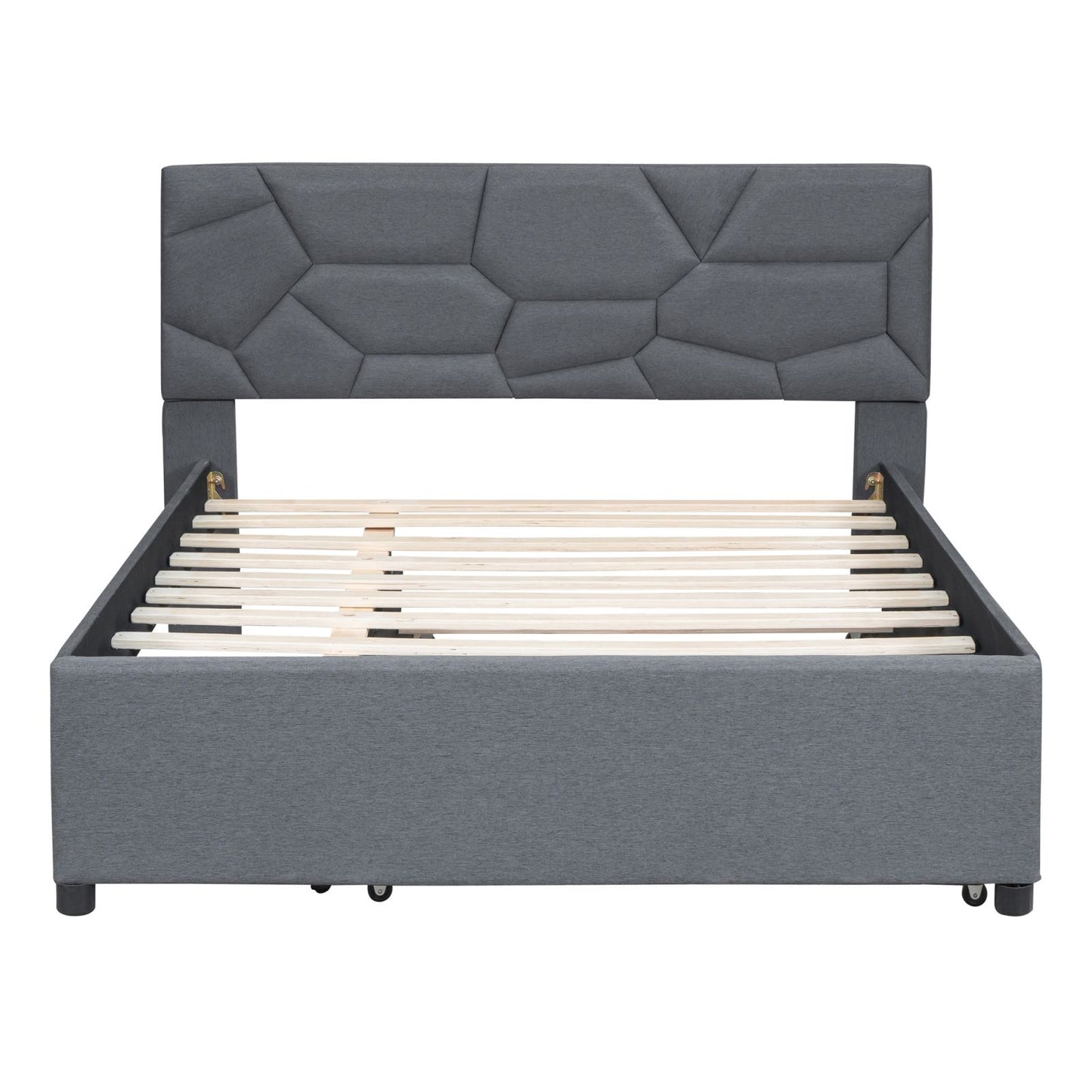 Melysen Full Size Upholstered Platform Bed with Brick Pattern Headboard and Twin Size Trundle, Linen Fabric, Gray