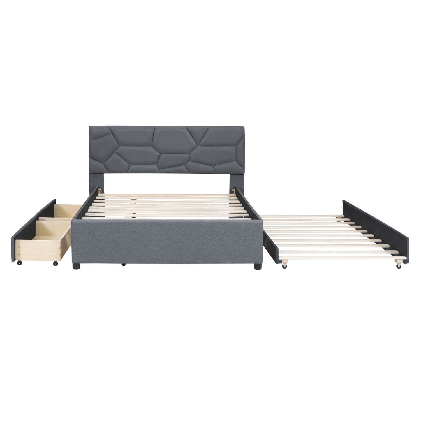 Melysen Full Size Upholstered Platform Bed with Brick Pattern Headboard, with Twin Size Trundle and 2 Drawers, Linen Fabric, Gray