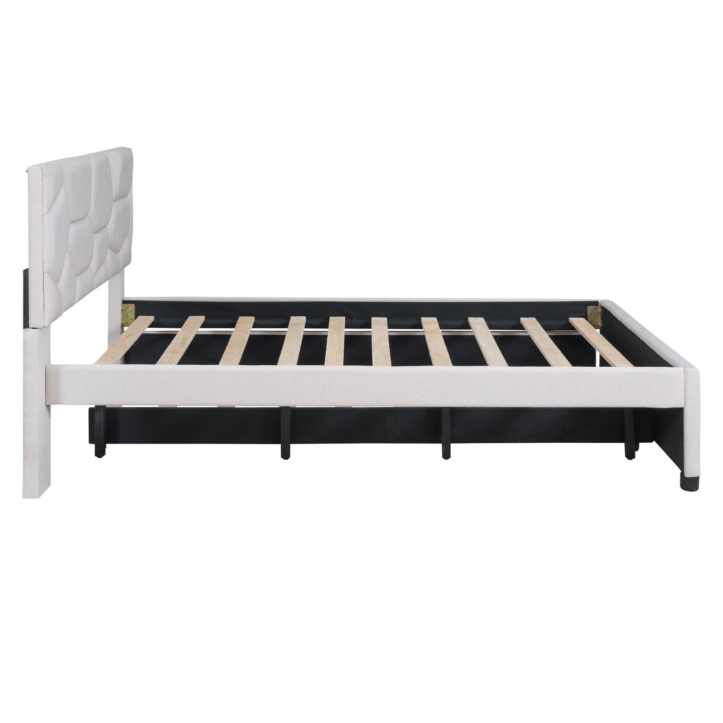 Melysen Full Size Upholstered Platform Bed with Brick Pattern Headboard and Twin Size Trundle, Linen Fabric, Beige