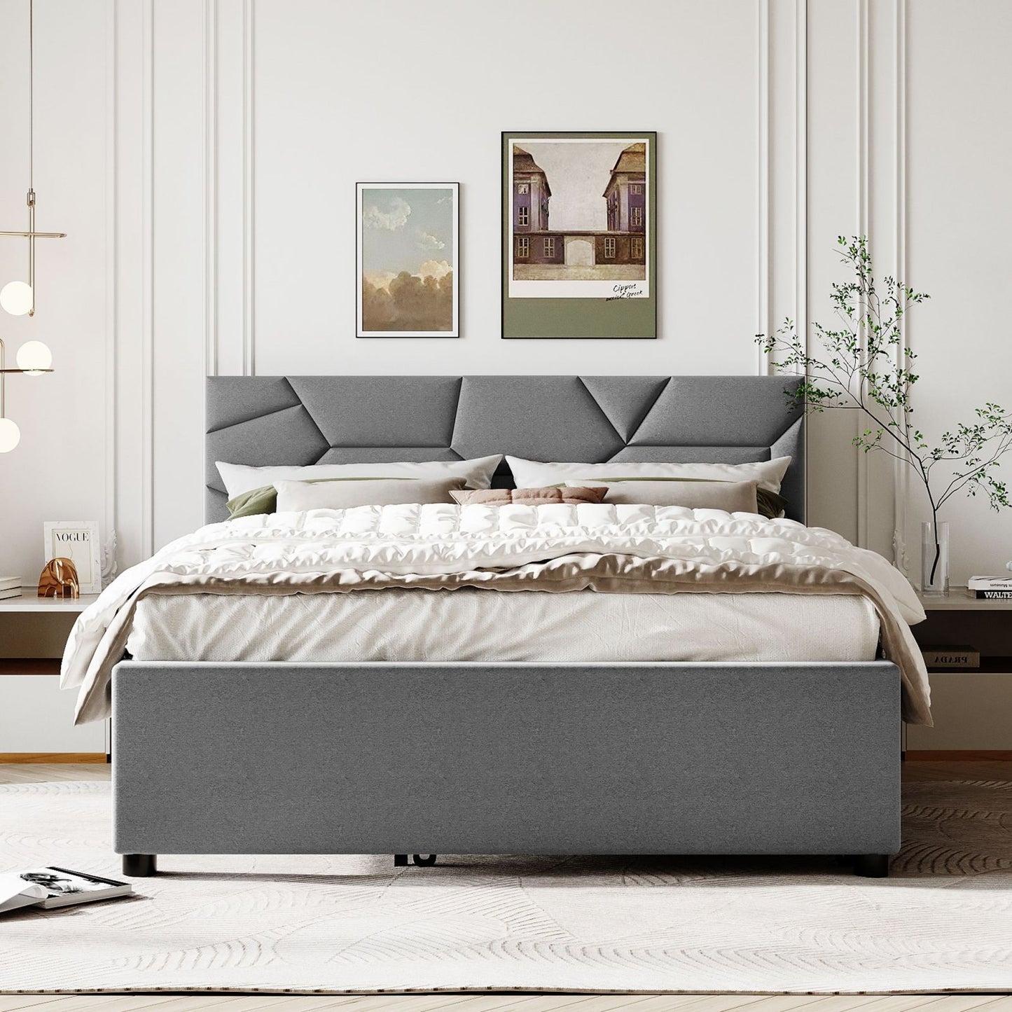 Melysen Queen Size Upholstered Platform Bed with Brick Pattern Headboard and Twin XL Size Trundle, Linen Fabric, Gray