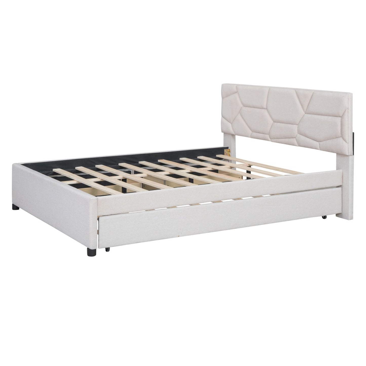 Melysen Queen Size Upholstered Platform Bed with Brick Pattern Headboard, with Twin XL Size Trundle and 2 drawers, Linen Fabric, Beige