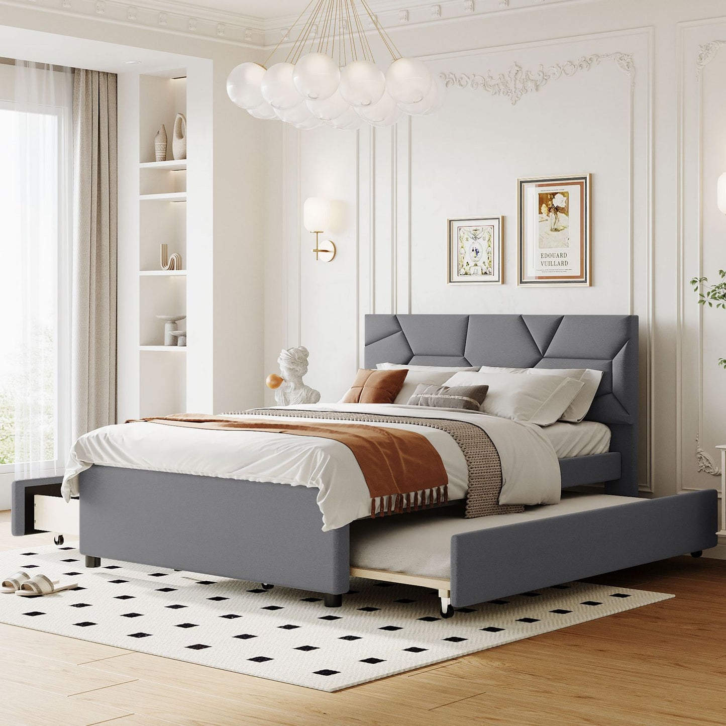 Melysen Full Size Upholstered Platform Bed with Brick Pattern Headboard, with Twin Size Trundle and 2 Drawers, Linen Fabric, Gray