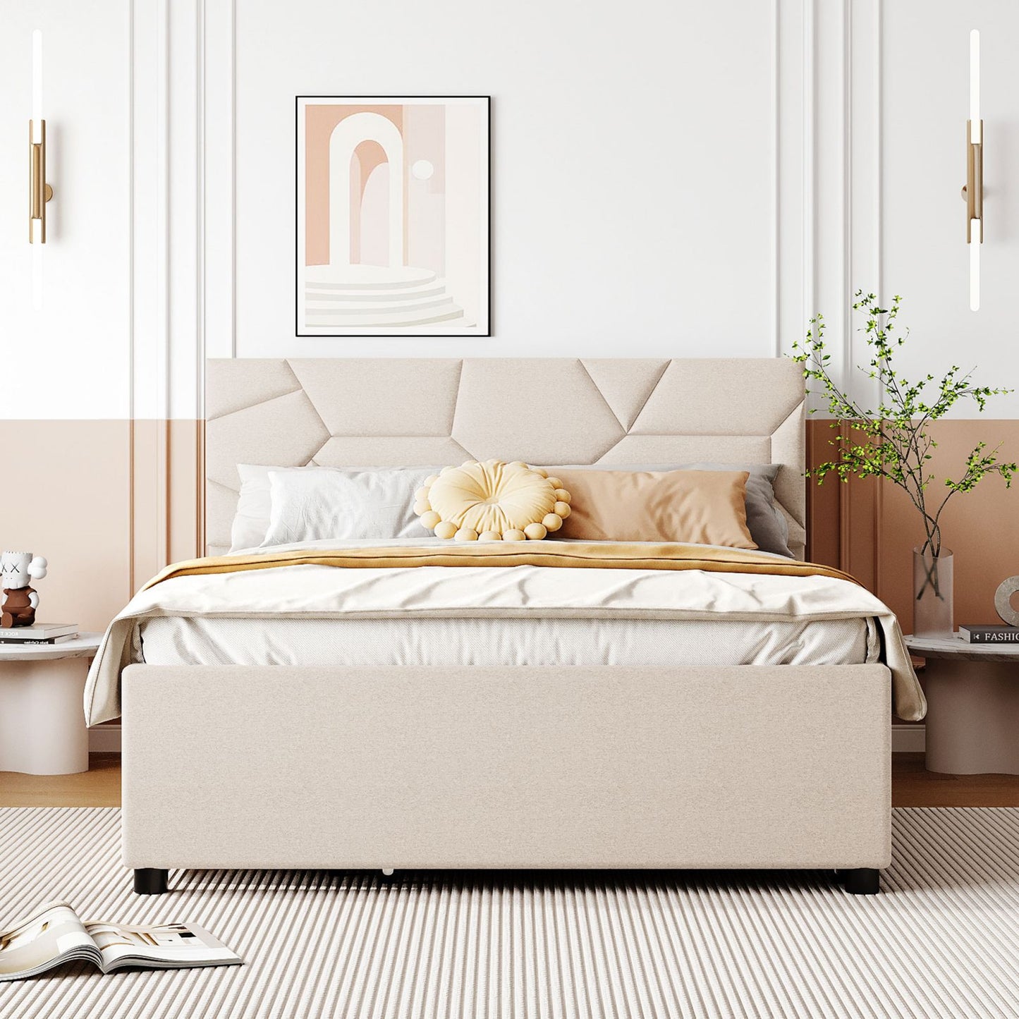 Melysen Full Size Upholstered Platform Bed with Brick Pattern Headboard, with Twin Size Trundle and 2 Drawers, Linen Fabric, Beige