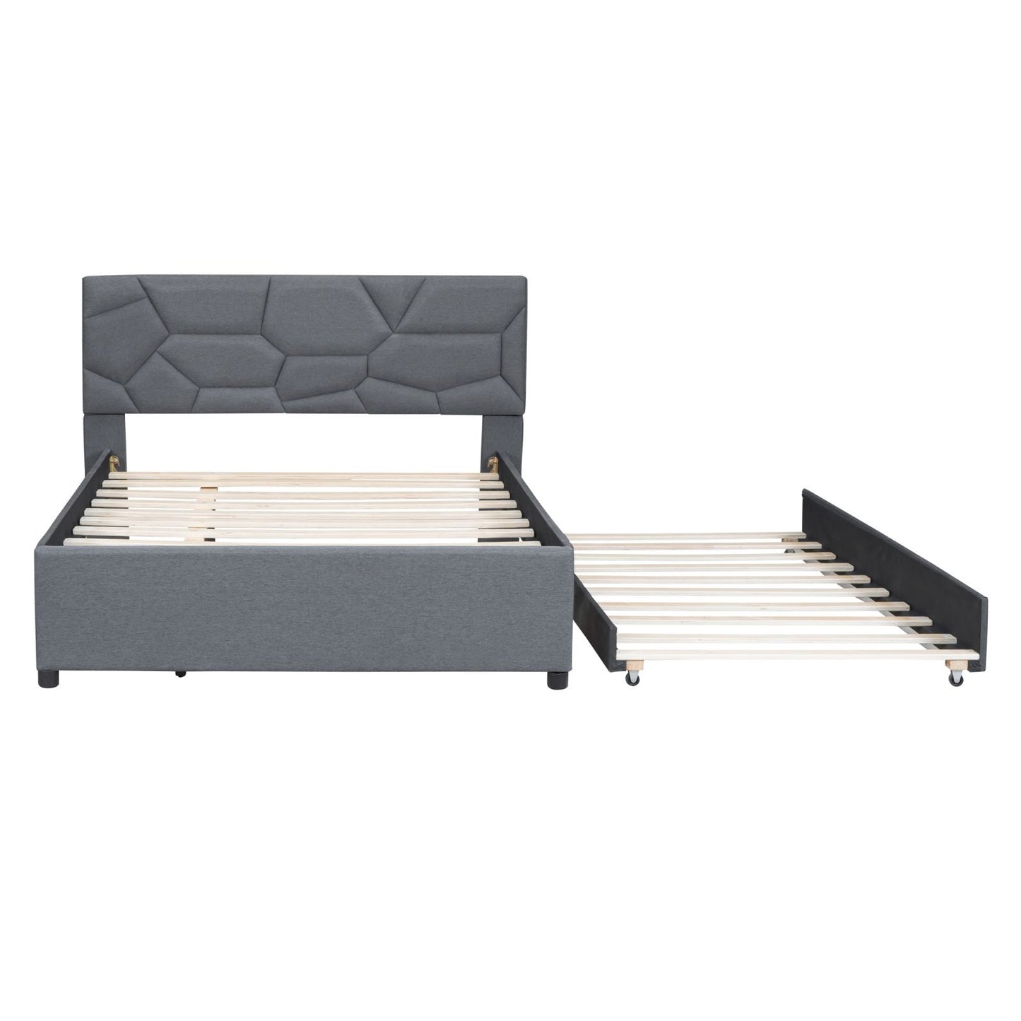 Melysen Full Size Upholstered Platform Bed with Brick Pattern Headboard and Twin Size Trundle, Linen Fabric, Gray