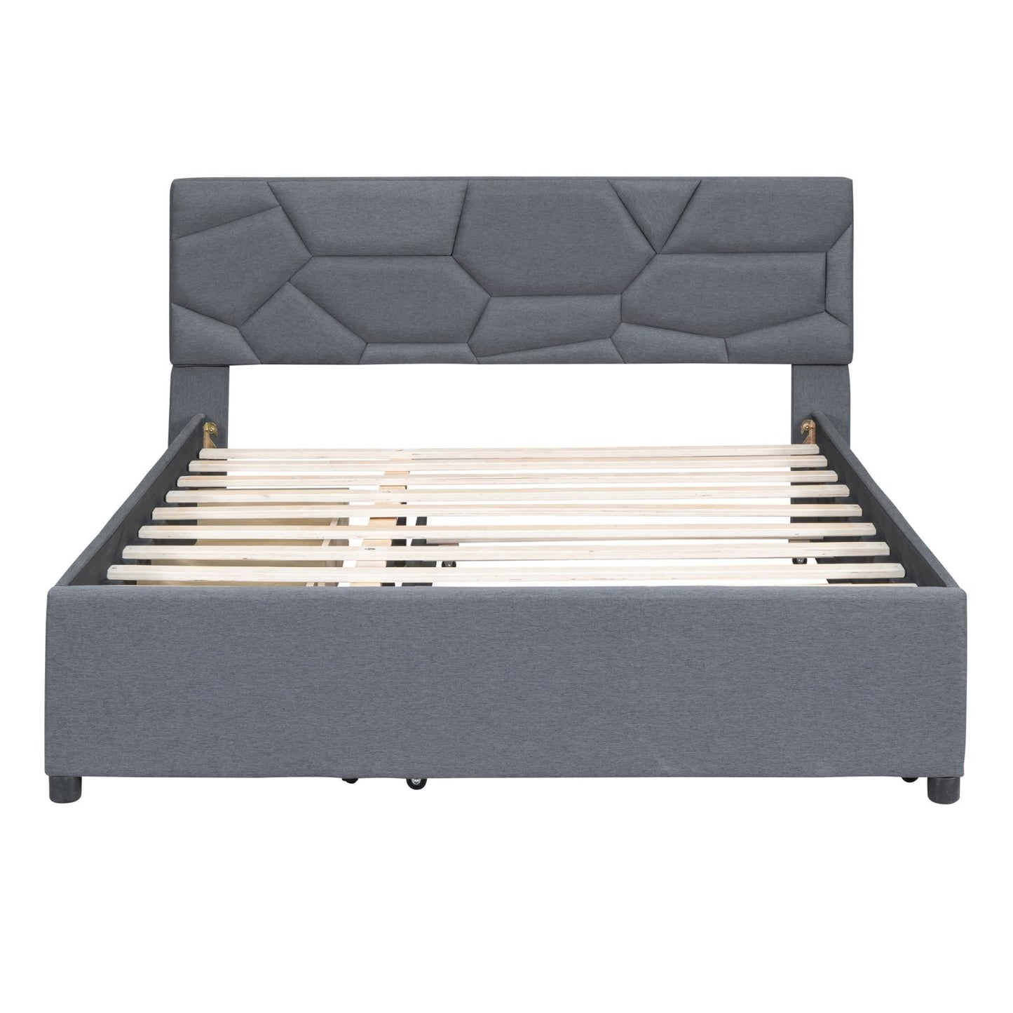 Melysen Queen Size Upholstered Platform Bed with Brick Pattern Headboard, with Twin XL Size Trundle and 2 drawers, Linen Fabric, Gray