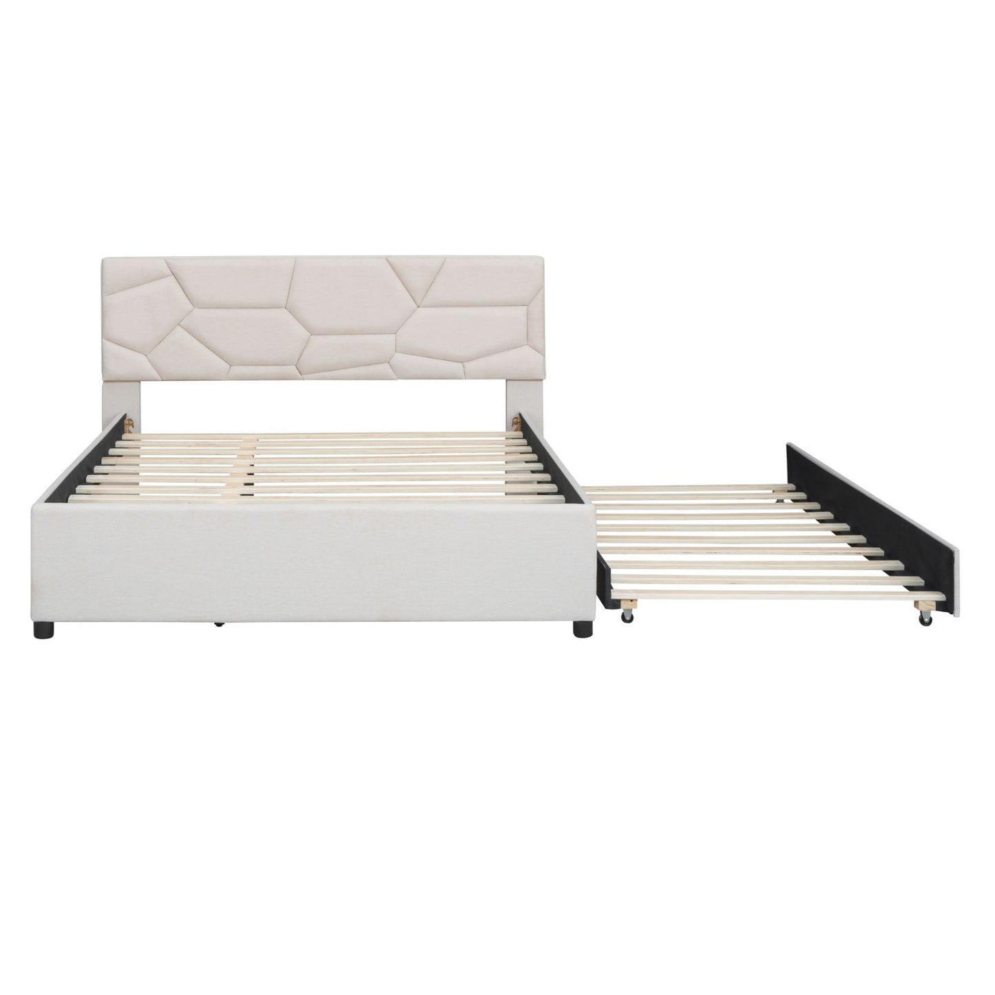 Melysen Queen Size Upholstered Platform Bed with Brick Pattern Headboard and Twin XL Size Trundle, Linen Fabric, Beige