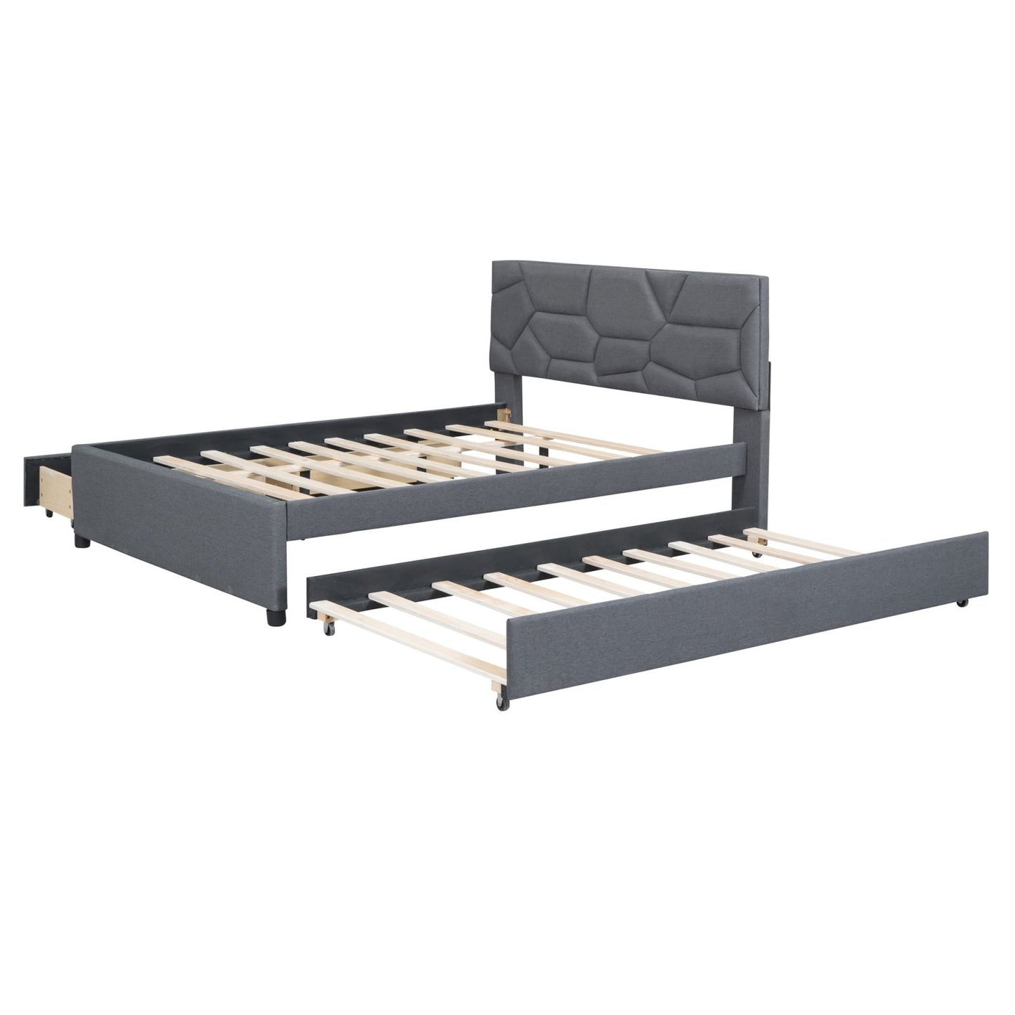 Melysen Full Size Upholstered Platform Bed with Brick Pattern Headboard, with Twin Size Trundle and 2 Drawers, Linen Fabric, Gray