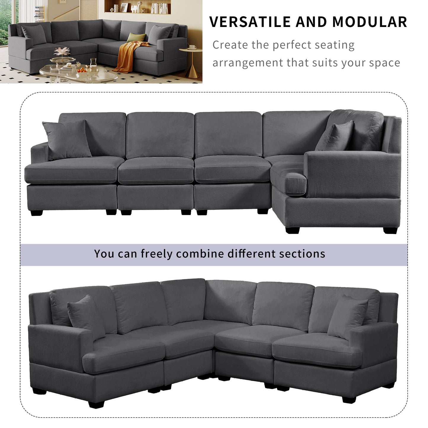 Melysen Sectional Modular Sofa with 2 Tossing cushions and Solid Frame for Living Room