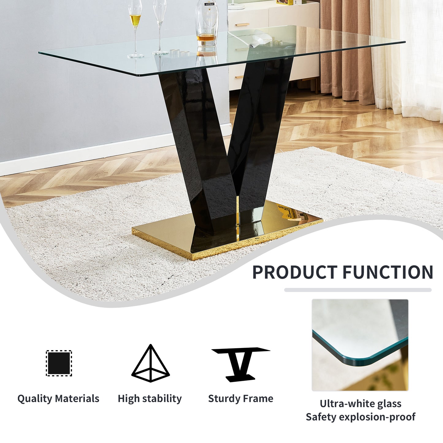 Melysen Modern Glass Dining Table for 6-8,Rectangular Glass Dinner Table with Tempered Glass Tabletop and Black V-Shaped Pedestal