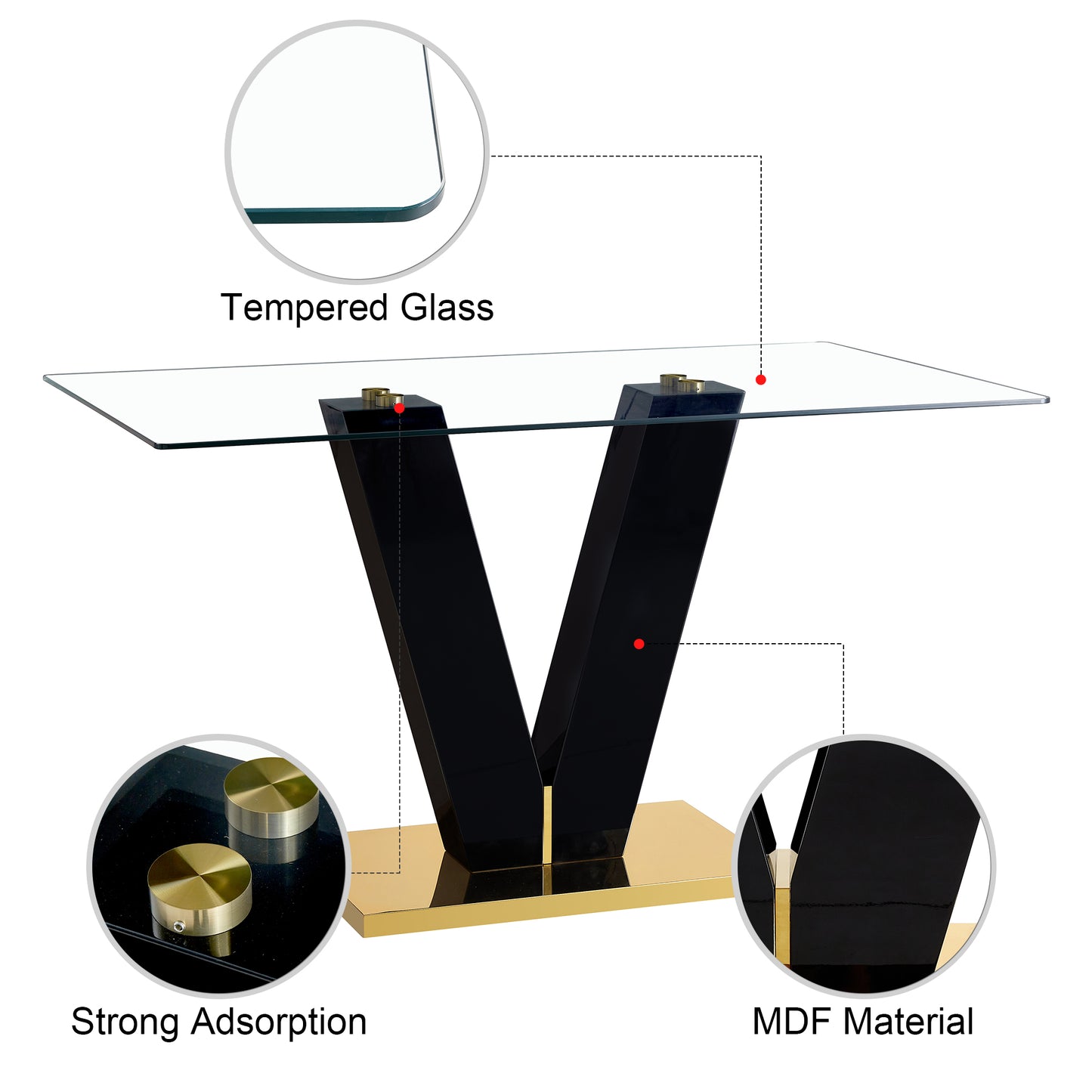 Melysen Modern Glass Dining Table for 6-8,Rectangular Glass Dinner Table with Tempered Glass Tabletop and Black V-Shaped Pedestal