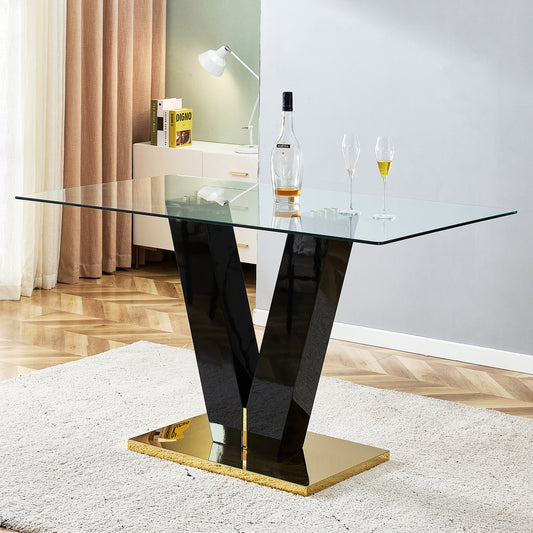 Melysen Modern Glass Dining Table for 6-8,Rectangular Glass Dinner Table with Tempered Glass Tabletop and Black V-Shaped Pedestal