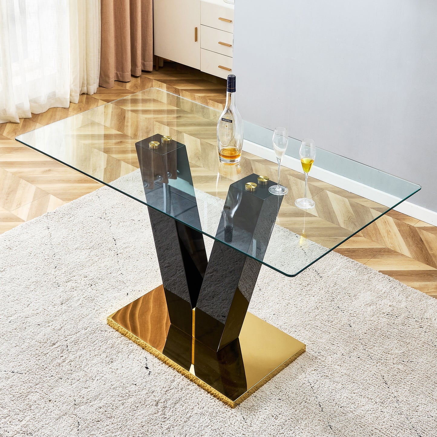 Melysen Modern Glass Dining Table for 6-8,Rectangular Glass Dinner Table with Tempered Glass Tabletop and Black V-Shaped Pedestal