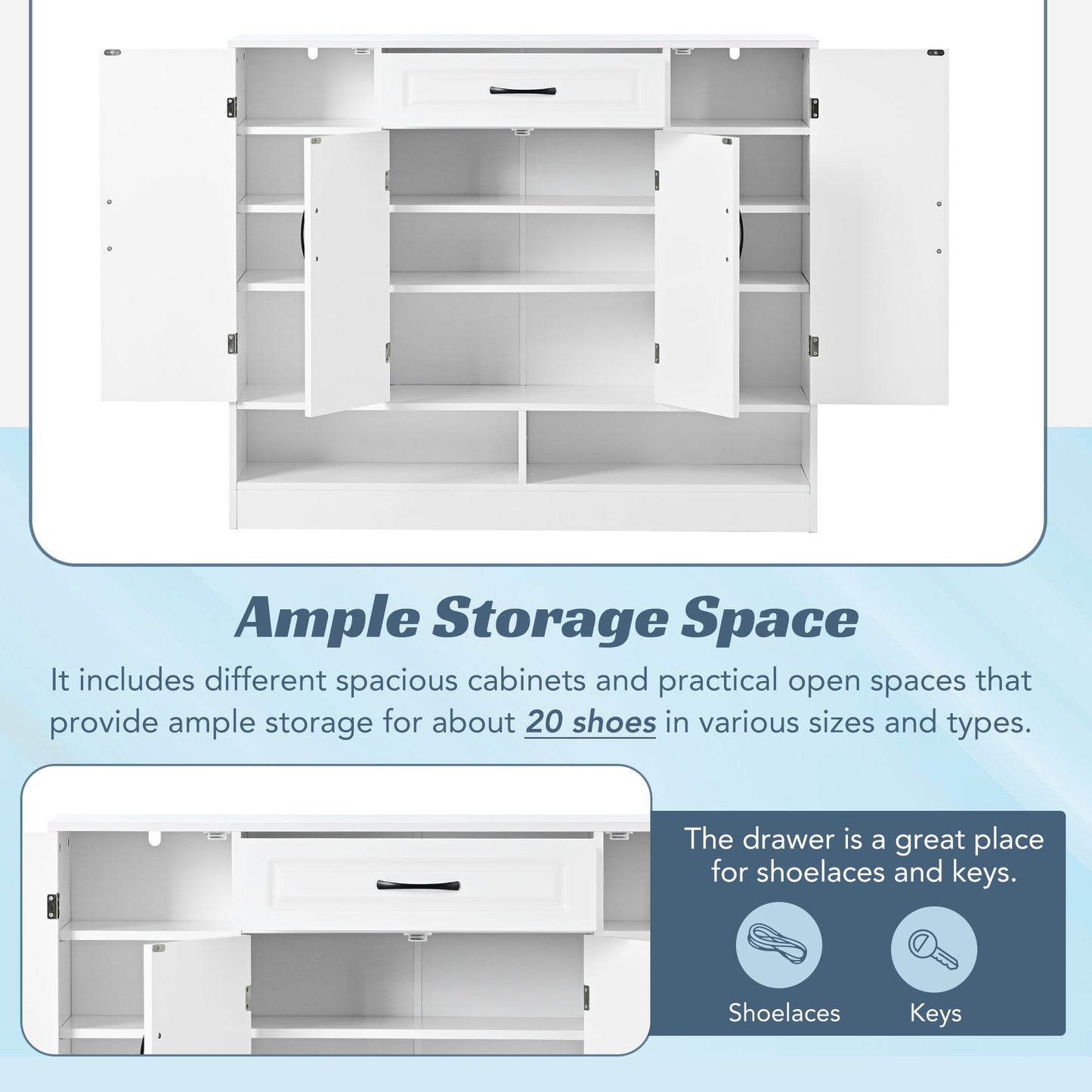 Melysen Sleek and Modern Shoe Cabinet with Adjustable Shelves, Minimalist Shoe Storage Organizer with Sturdy Top Surface, Space-saving Design Side Board for Various Sizes of Items, White