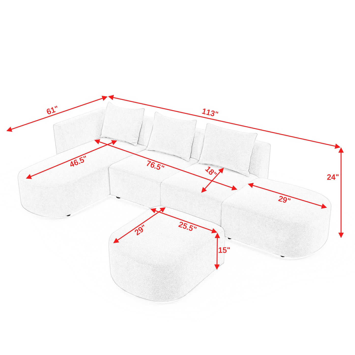 Melysen Sectional Sofa with Left Side Chaise and Ottoman,Modular Sofa,DIY Combination,Loop Yarn Fabric