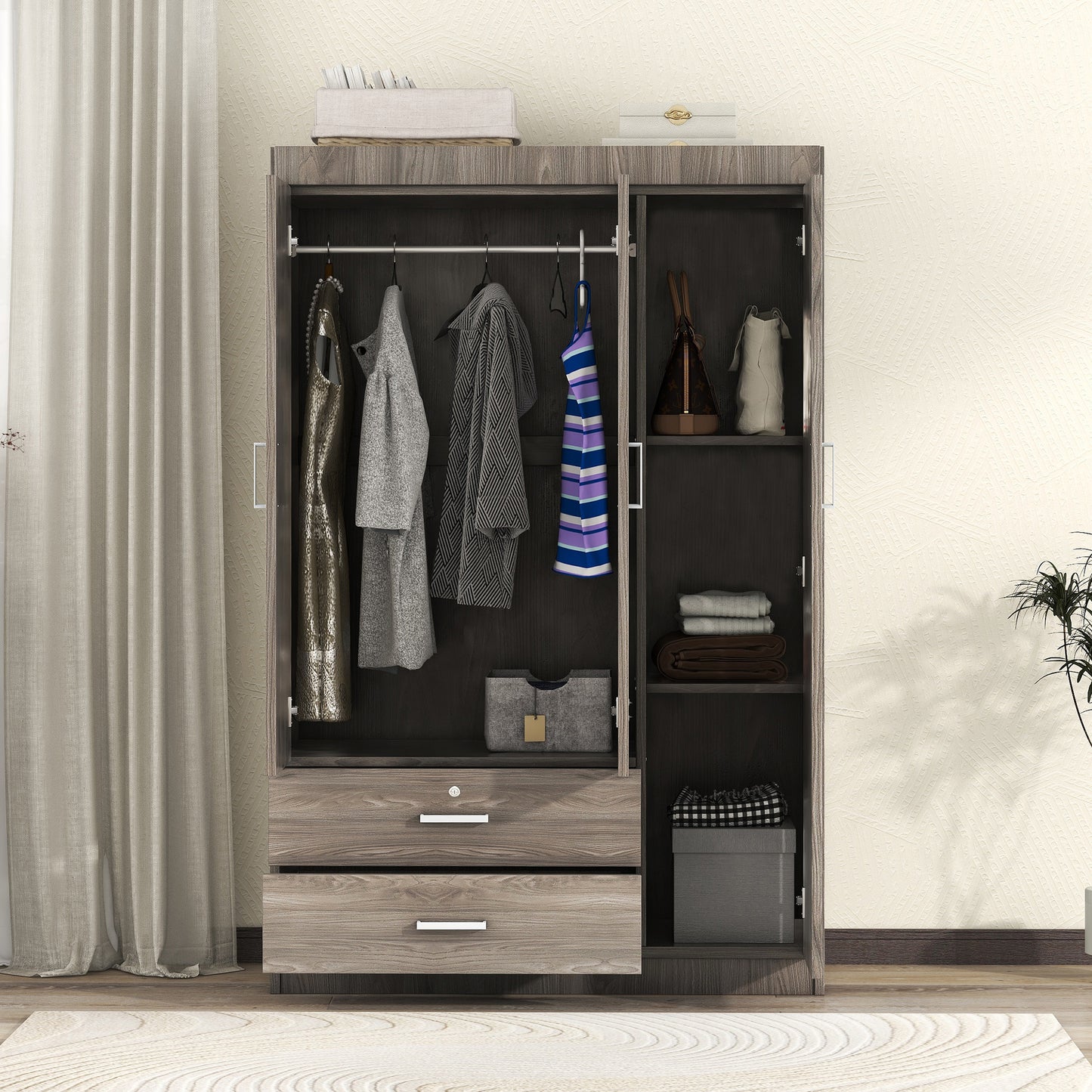 Melysen 3-Door Wardrobe with 2 Drawers, Wood Grain Effect in Gray