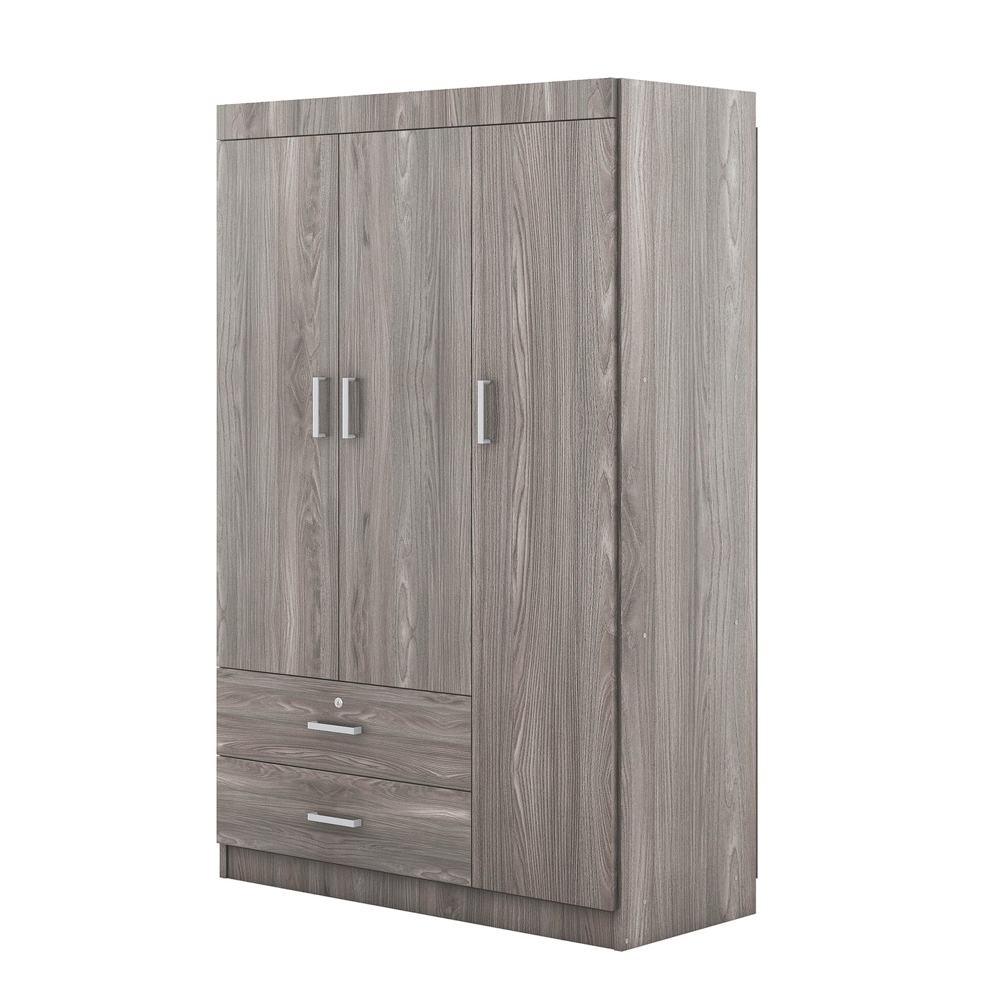 Melysen 3-Door Wardrobe with 2 Drawers, Wood Grain Effect in Gray