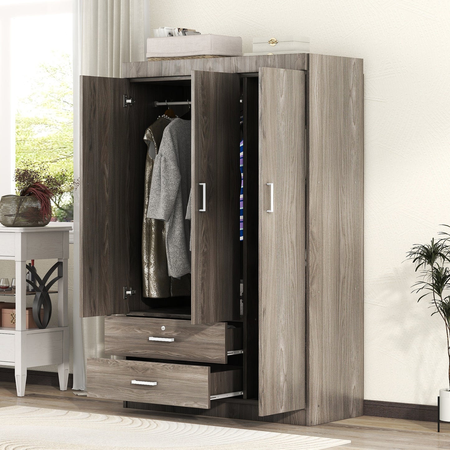 Melysen 3-Door Wardrobe with 2 Drawers, Wood Grain Effect in Gray