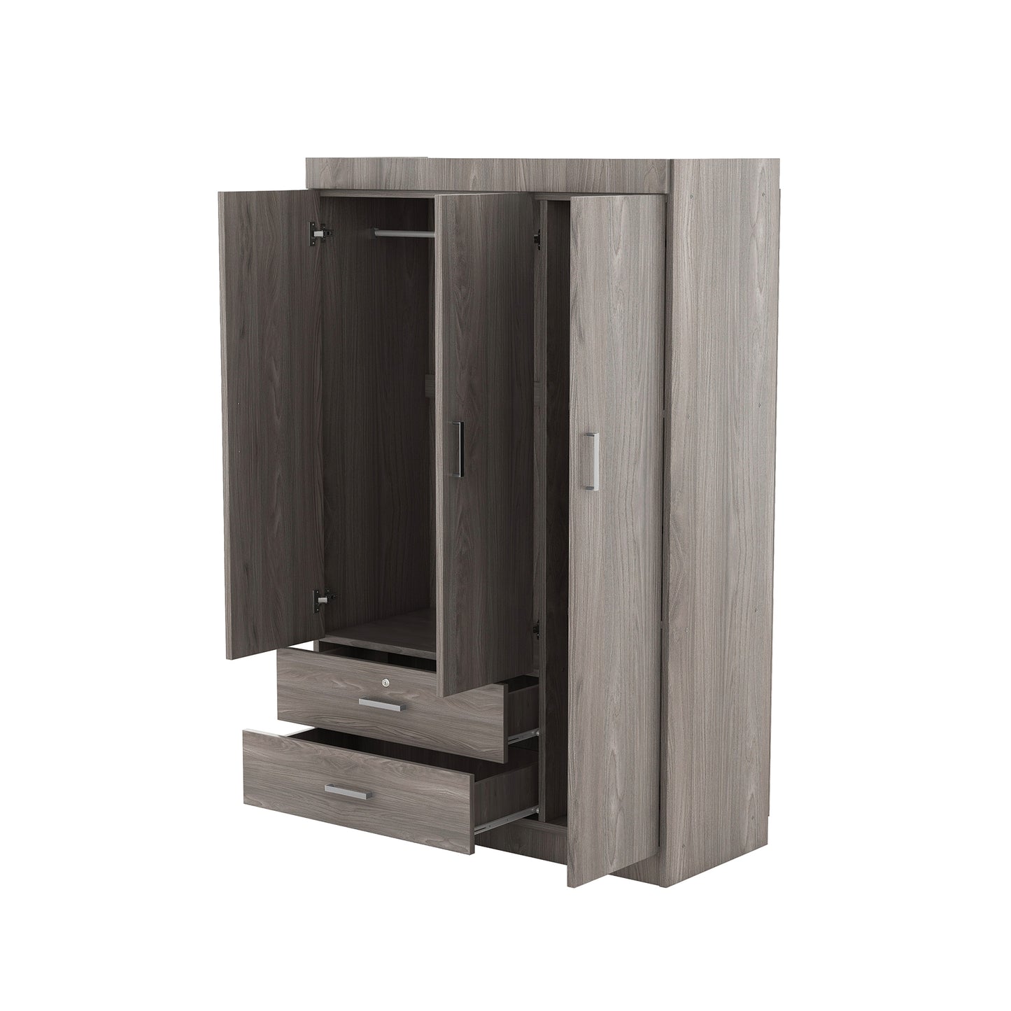 Melysen 3-Door Wardrobe with 2 Drawers, Wood Grain Effect in Gray