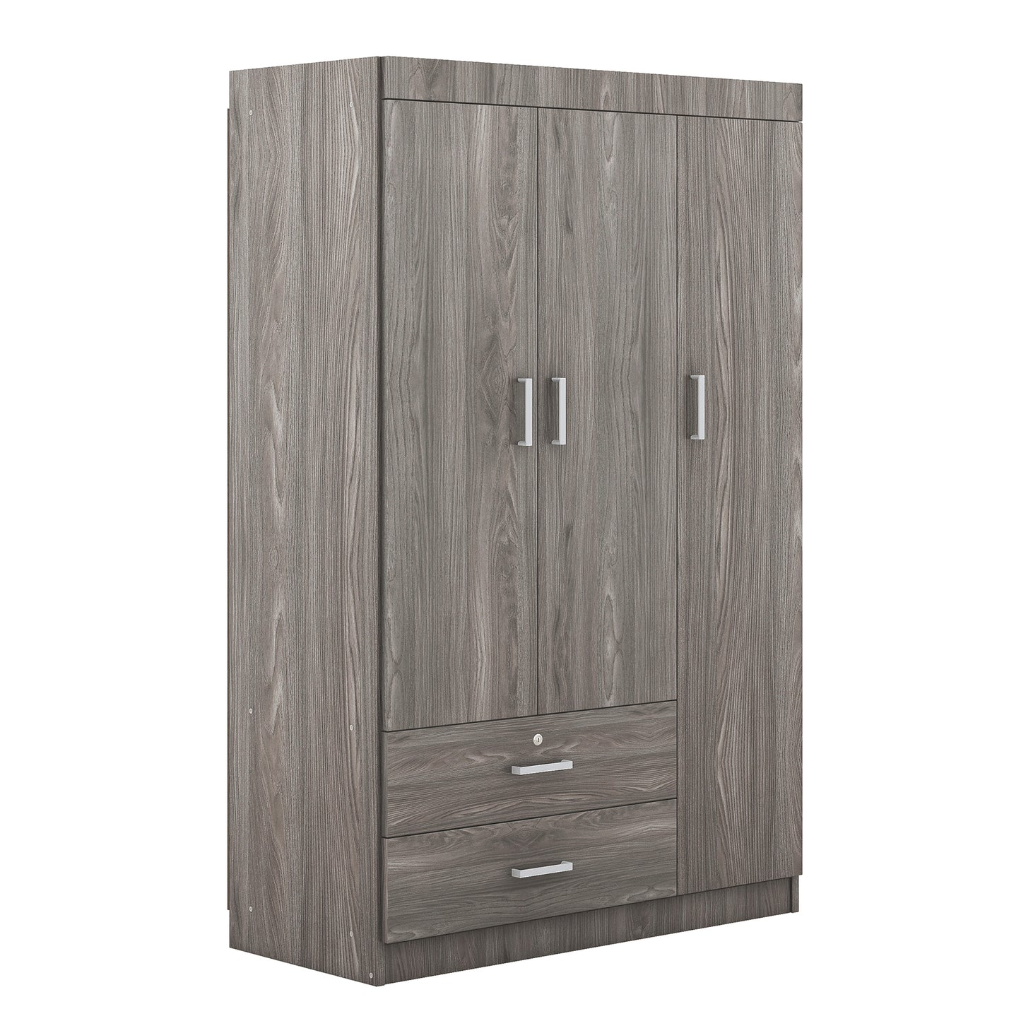 Melysen 3-Door Wardrobe with 2 Drawers, Wood Grain Effect in Gray