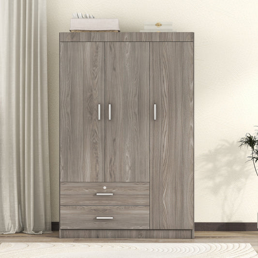 Melysen 3-Door Wardrobe with 2 Drawers, Wood Grain Effect in Gray