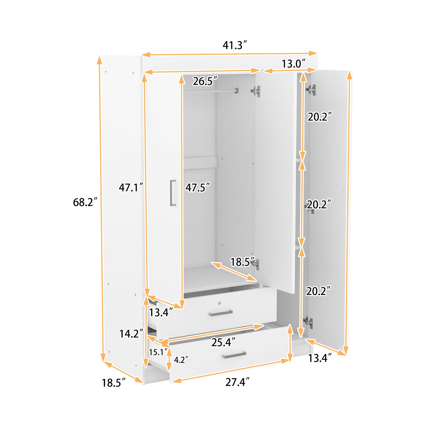 Melysen 3-Door Wardrobe with 2 Drawers, White