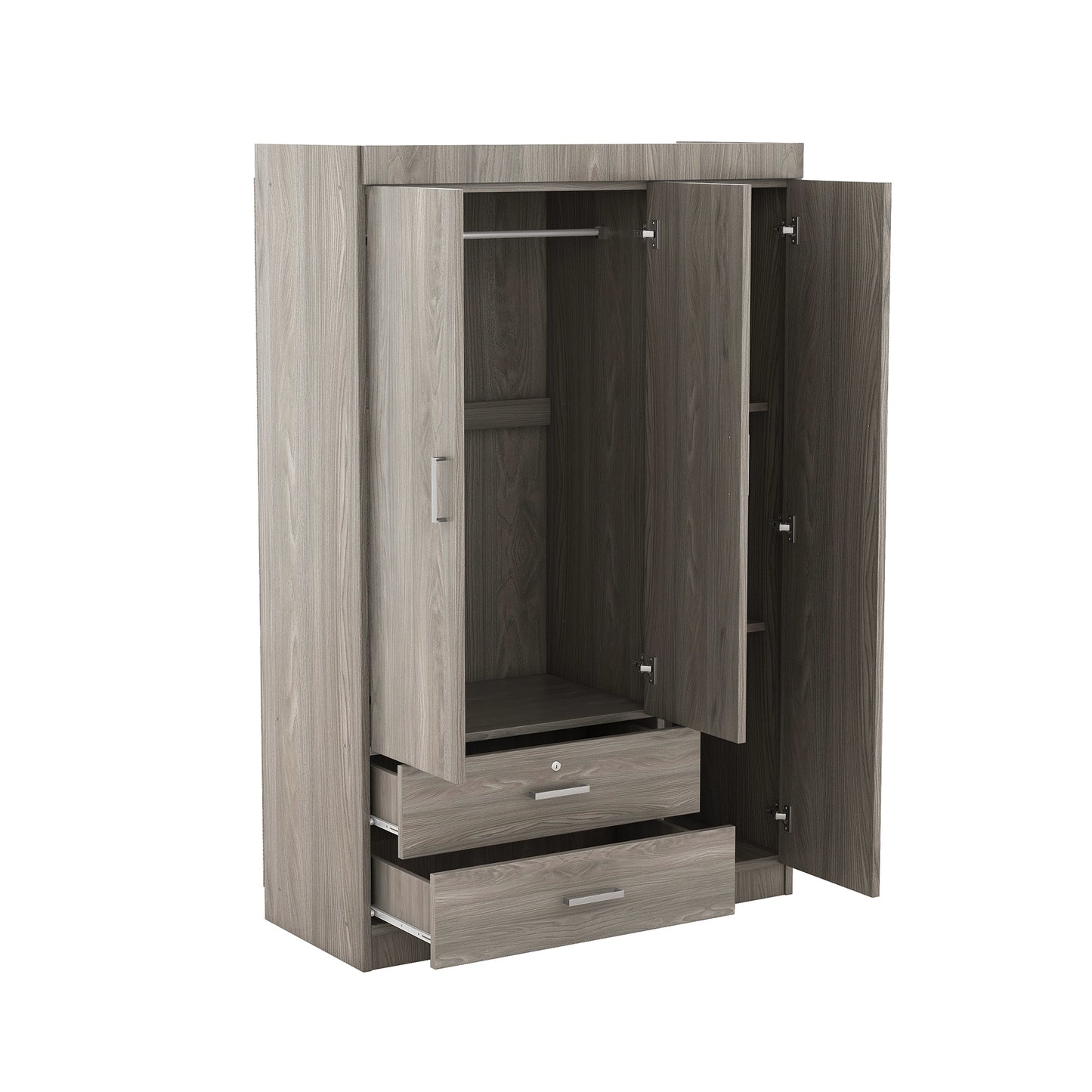 Melysen 3-Door Wardrobe with 2 Drawers, Wood Grain Effect in Gray